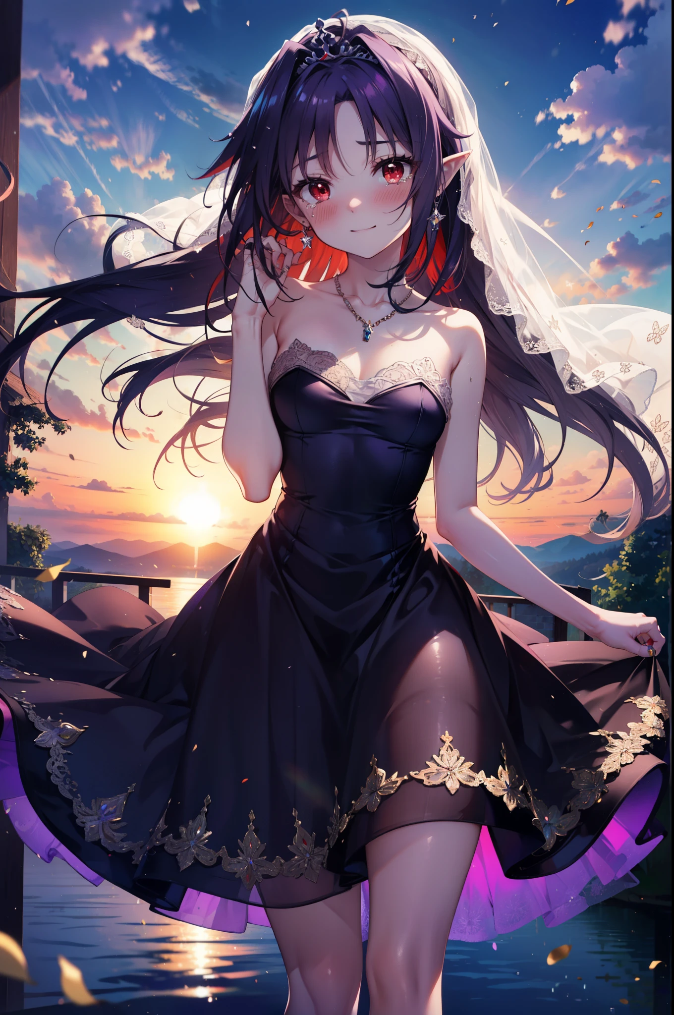yuukikonno, Konno Yuuki,Long Hair, tiara,Pointed Ears, Purple Hair, (Red eyes:1.5), (Small breasts:1.2), smile,Purple Dress,Purple Long Skirt,Purple stiletto heels,Sleeveless,Expose your shoulders,Bare arms,Bare neck,bare clavicle,He holds his left hand out in front of him and wears a wedding ring on his ring finger.,Heart Necklace,Tears stream down her face,Tears of joy,I cry a lot,Romantic night view,moonlight,
break outdoors, hill,
break looking at viewer, (Cowboy Shot:1.5),
break (masterpiece:1.2), highest quality, High resolution, unity 8k wallpaper, (shape:0.8), (Beautiful details:1.6), Highly detailed face, Perfect lighting, Extremely detailed CG, (Perfect hands, Perfect Anatomy),