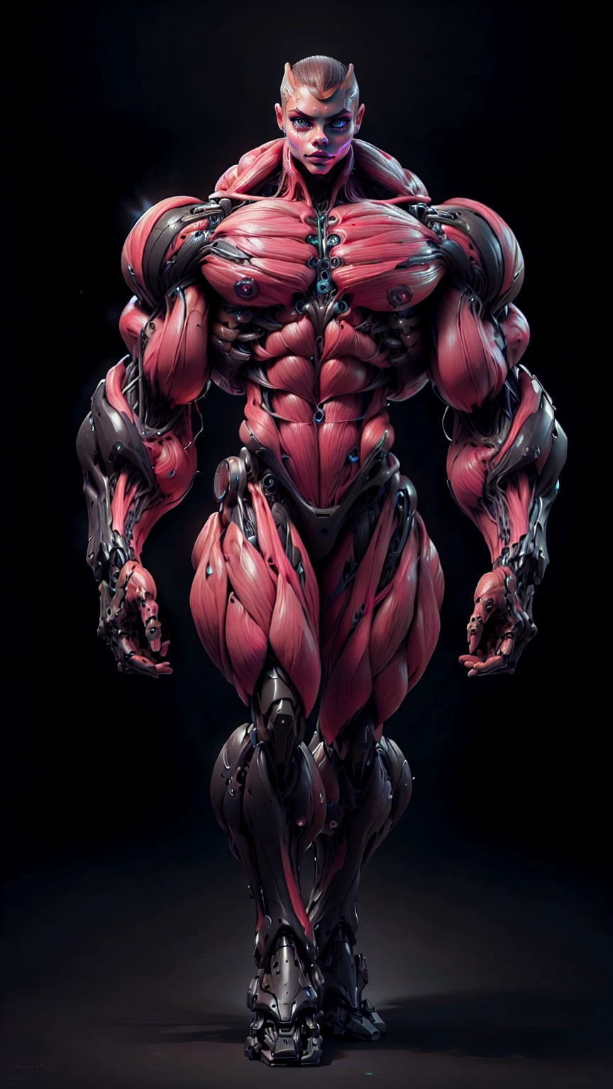 (1 girl), (cara delevingne), (muscular android girl wearing a black anatomic cybernetic muscle suit:1.25), (wide shoulders:1.25), (muscular defined physique:1.25), perfect hands, long hair, large breasts, high resolution image, extreme detail, blank background