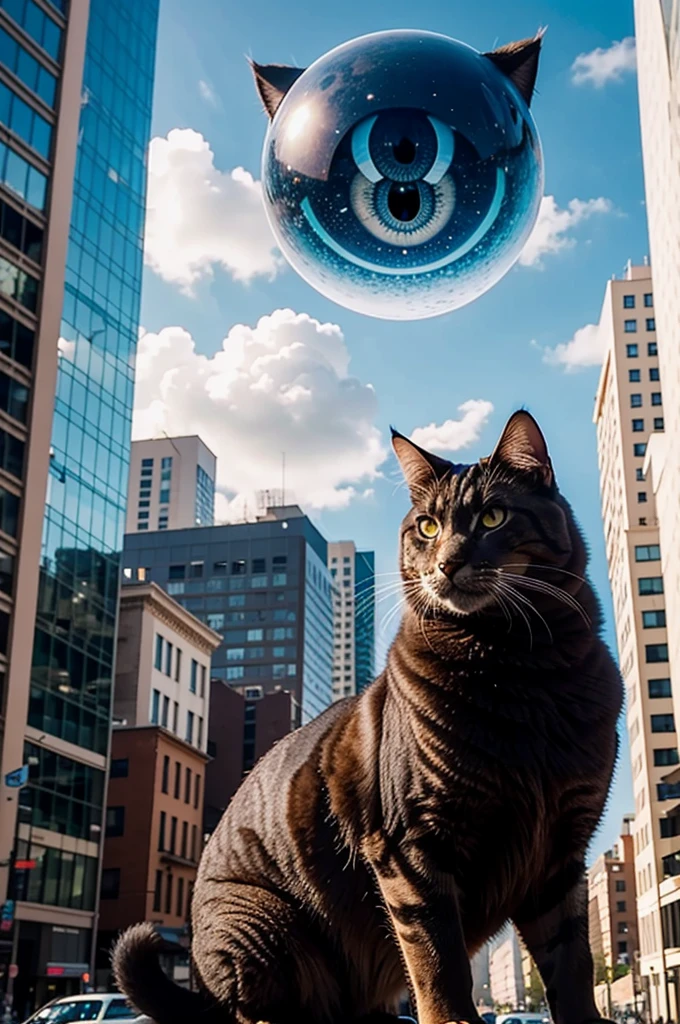 Giant cat's eyes appear over the skies and they're visible to people in the city.