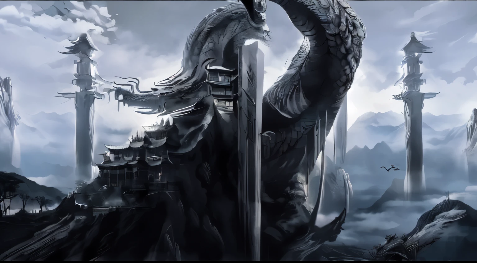 dragon,eastern dragon,east asian architecture,architecture,monochrome,cloud,greyscale,sky,fog,scenery,horns,mountain,cloudy sky,giant,