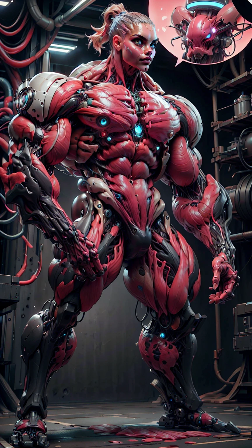 (1 girl), (cara delevingne), (muscular android girl wearing a black anatomic cybernetic muscle suit:1.25), (wide shoulders:1.25), (muscular defined physique:1.25), perfect hands, long hair, large breasts, high resolution image, extreme detail, blank background