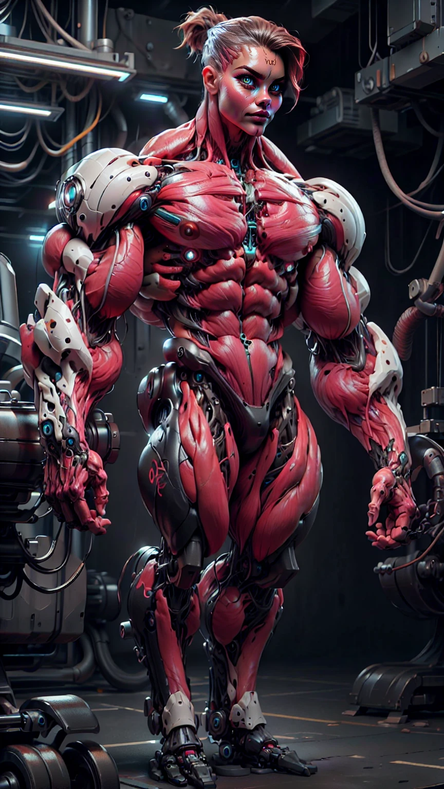 (1 girl), (cara delevingne), (muscular android girl wearing a black anatomic cybernetic muscle suit:1.25), (wide shoulders:1.25), (muscular defined physique:1.25), perfect hands, long hair, large breasts, high resolution image, extreme detail, blank background