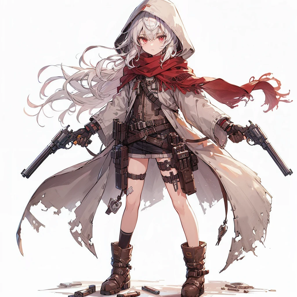 (Masterpiece, top quality), (detailed hair), super detailed, anime style, full body, solo, cyberpunk gunslinger girl, big and cute head kerchief, full body covered in rags, wanderer outfit, white hair red eyes, small stature, wearing long boots, held pistols each hand. digital painting, 8K hi-res, trending art station, white background, whole body, standing wasteland