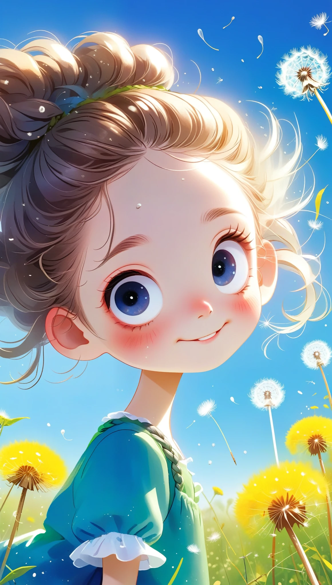 1 Girl(Lovely, Kawaii,child,Hair shiny,Braided hair,Messy hair,Dandelion Hair Accessories,Eye Color Universe,big eyes,Dynamic Angle:1.4,whole body,Dynamic poses,Delicate face,Bright colors,Blowing dandelion seeds,Smile),