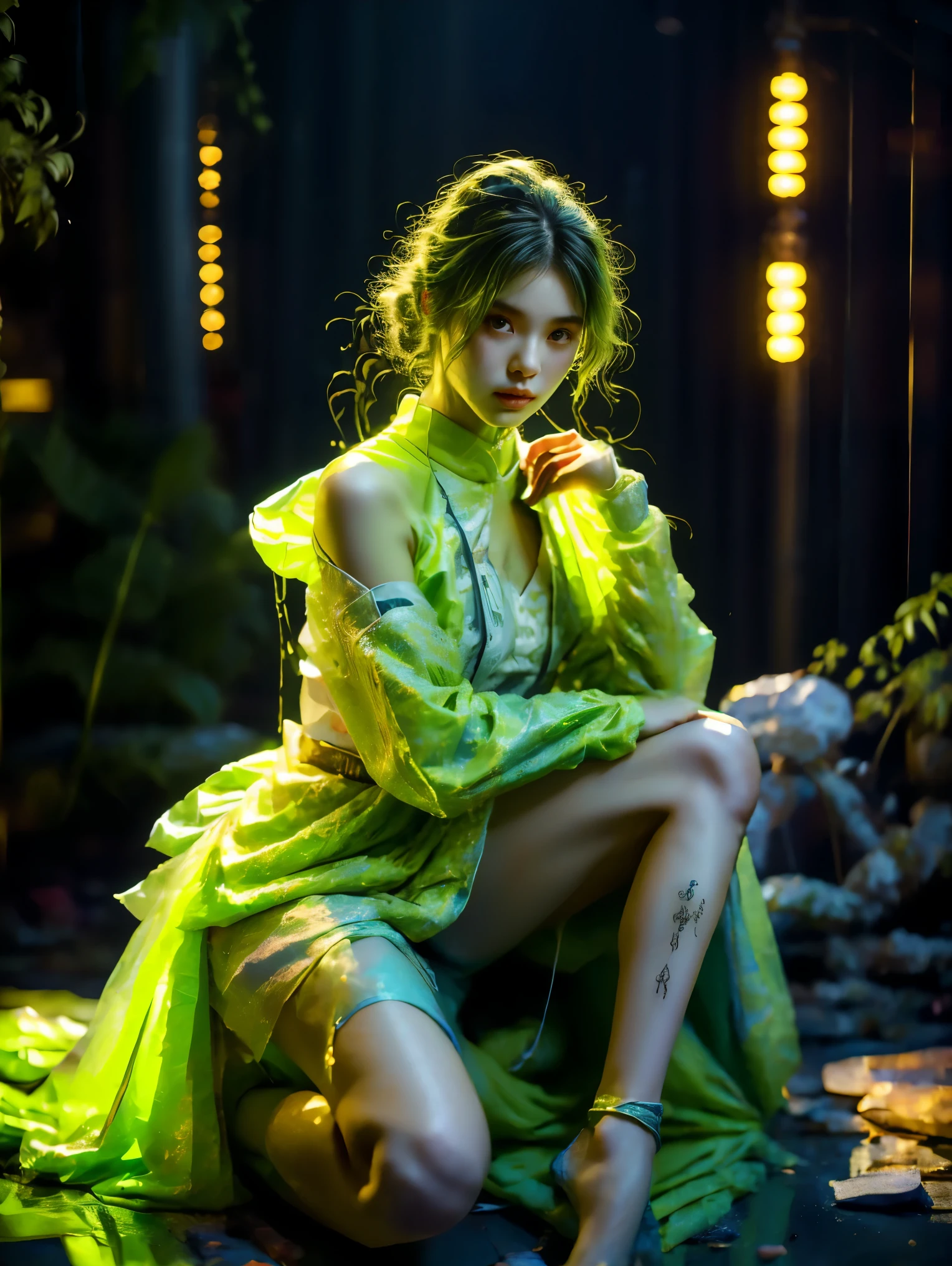 Asian bunny girl, wearing a fluorescent green dress, liquid texture, cyberpunk, Final Fantasy style, exquisite facial features, holding cotton candy,(Knee Shot:1.5),masterpiece,best quality,high resolution,8K,original photo,real picture,Digital Photography,(UHD, anatomically correct, textured skin, ccurate, award winning), 1lltnh1