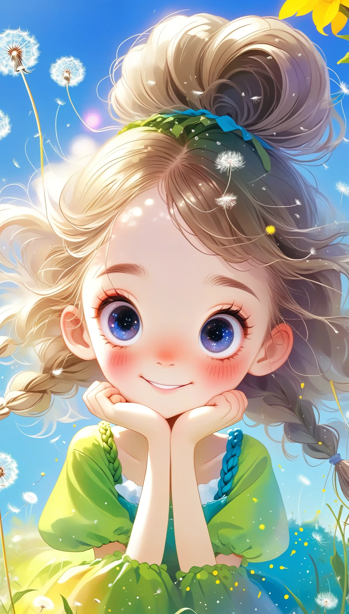 1 Girl(Lovely, Kawaii,,Hair shiny,Braided hair,Messy hair,Dandelion Hair Accessories,Eye Color Universe,big eyes,Dynamic Angle:1.4,whole body,Dynamic poses,Delicate face,Bright colors,Blowing dandelion seeds,Smile),