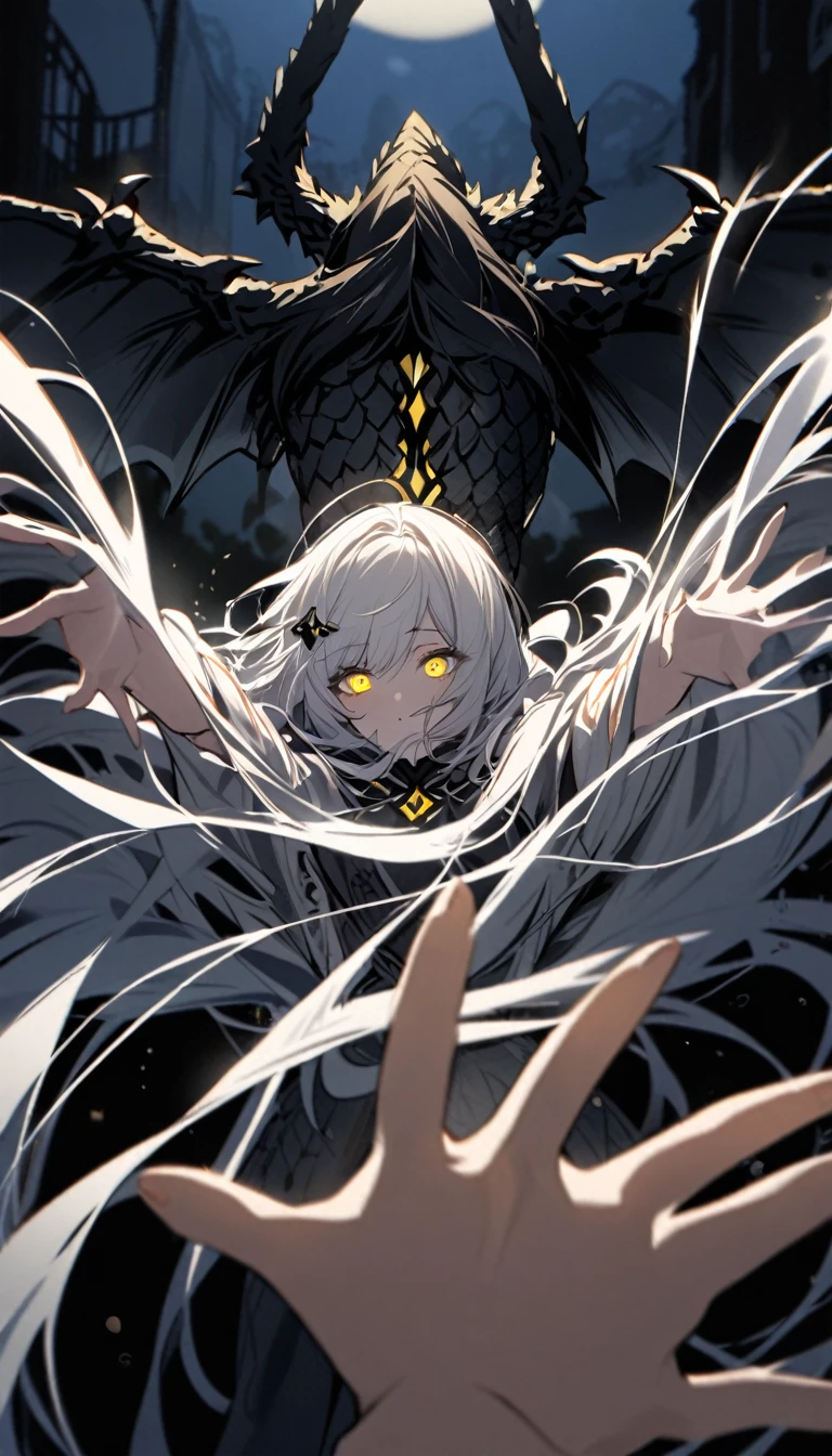 A woman, flowing white hair, melancholy eyes, yellow pupils, black diamond-shaped hairpin, tattered black dragon wings sprouting from her back, moonlight, arms up, incoming hug, pov, reaching, reaching towards viewer,
