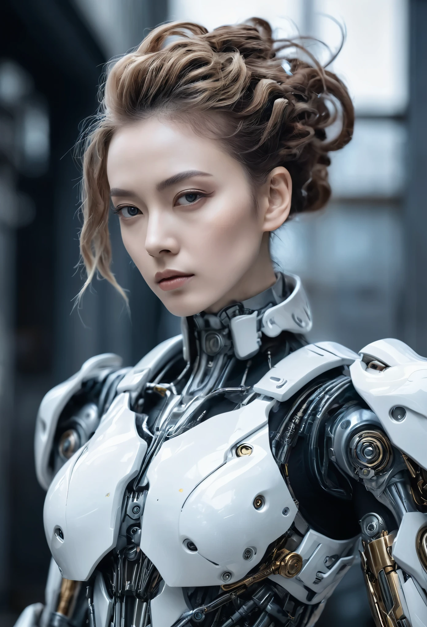 Close-up of a woman in a suit with a strange hairstyle, porcelain robot, complex mechanical body, porcelain robot armor, beautiful robot character design, Cyborg - Girl, superhuman complex, Cyborg girl, Portrait of a cyborg queen, human-like details, complex body, human woman, Complex wlop, photo realistic, cinematic, movie still, captured in the style of Sony Alpha A7 III camera