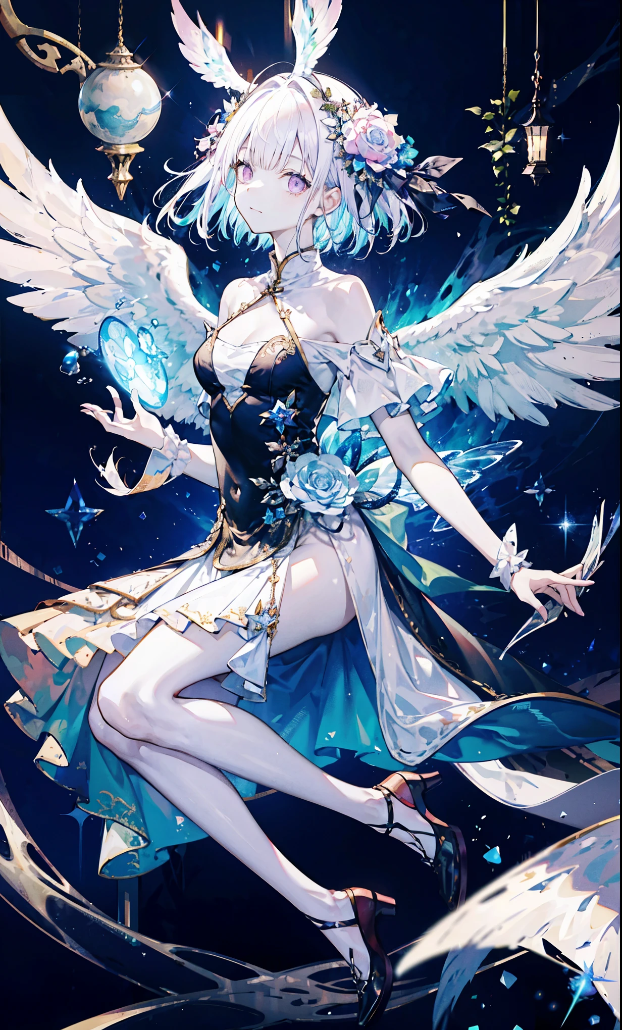 The angel is depicted with a pale and glowing cot has heterochromatic eyes.、Its skin seems to radiate an otherworldly glow。he、Symbol of divinity、Decorated with a pair of shining fair wings。This scene is so wonderful.、它捕捉了這些天體的美麗和mystery。Angelic、pale、glow、color、shine、Rare treasures、Brilliance、shine、fair、wingspan、Sacredness、fair、charming、Beauty、mystery。