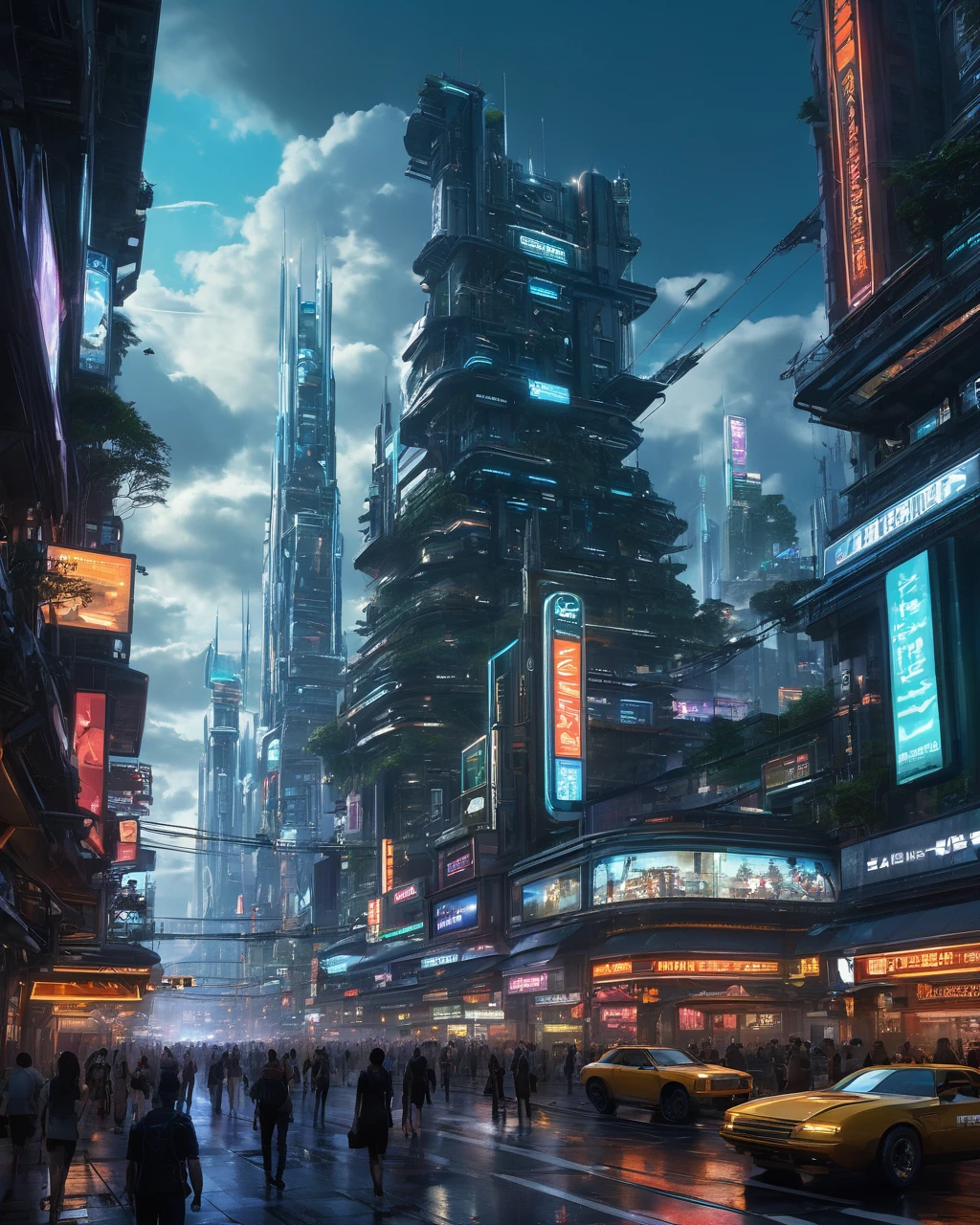 (best quality,4k,8k,highres,masterpiece:1.2),ultra-detailed,(realistic,photorealistic,photo-realistic:1.37),retro-futuristic,robots,cityscape,flying cars,dystopian future,advanced technology,vibrant colors,vintage aesthetic,people dressed in futuristic fashion,impressive architectural structures,hovering platforms,lush greenery,dominated by sleek metal and glass,neon lights illuminating the city,powerful searchlights piercing through the night sky,intricate vehicle designs,imposing skyscrapers reaching the clouds,immaculate street cleanliness,giant holographic advertisements,unique transportation systems,bustling crowd of people,utopian atmosphere with a hint of underlying tension,impressive engineering feats,smooth and shiny surfaces,endless sky filled with aircrafts,large digital billboards displaying futuristic artwork,lively atmosphere with sounds of bustling streets and futuristic technologies,prominent artist signatures in the style of Craig Mullins, Ruan Jia, and Emil Melmoth.