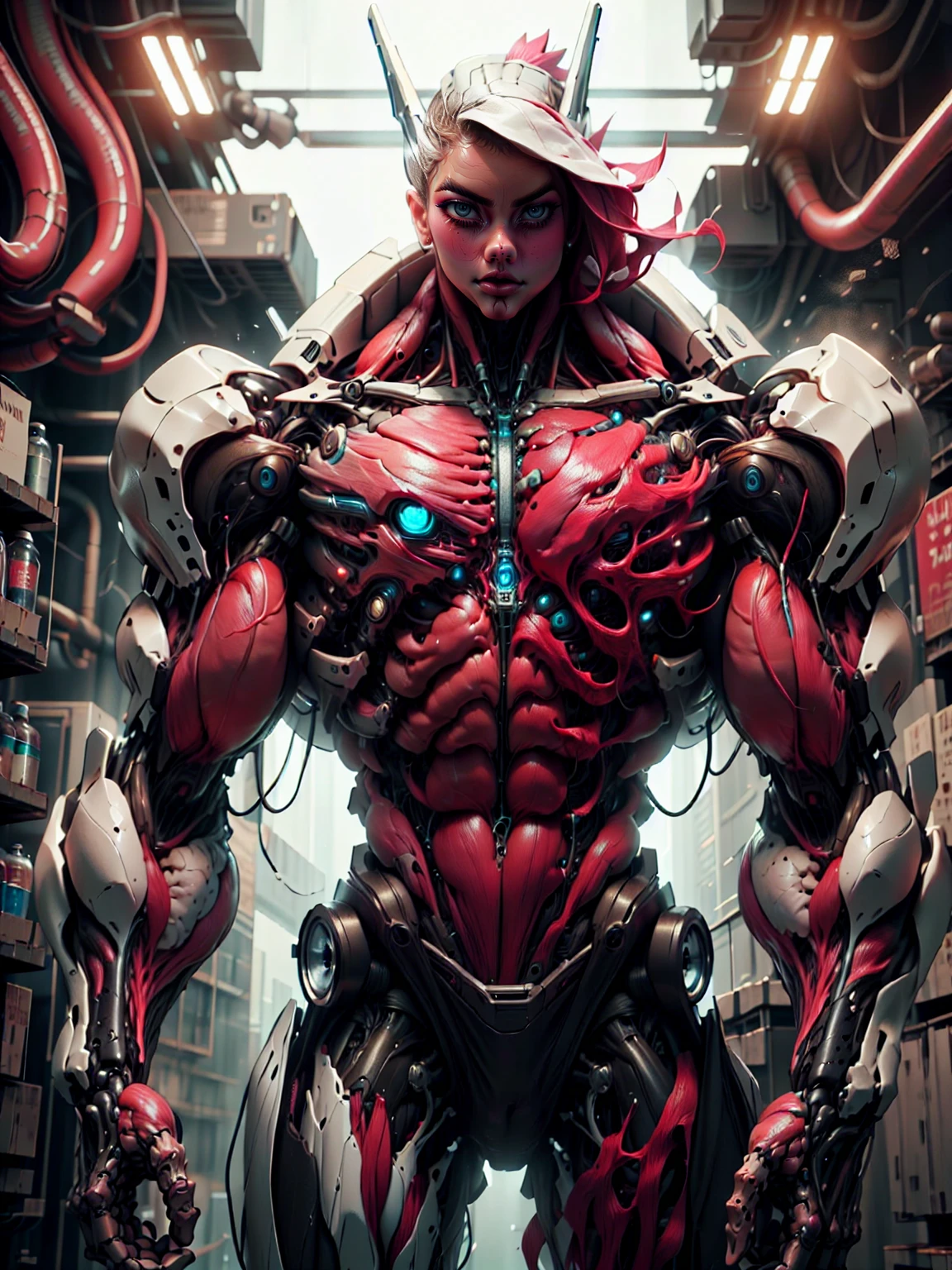 (1 girl), (cara delevingne), (muscular android girl wearing a black anatomic cybernetic muscle suit:1.25), (wide shoulders:1.25), (muscular defined physique:1.25), perfect hands, long hair, large breasts, high resolution image, extreme detail, blank background