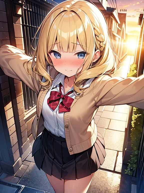 Masterpiece, Top quality, (1 beautiful girl), junior high school student, Blonde, Braided hair, Medium Hair, wavy Hair, blunt bangs, standard weight, cardigan, blouse, pleated skirt, nose blush ,((spread arms)), after the rain, sunset, beautiful scene of alley, puddle, cowboy shot, ((from above))