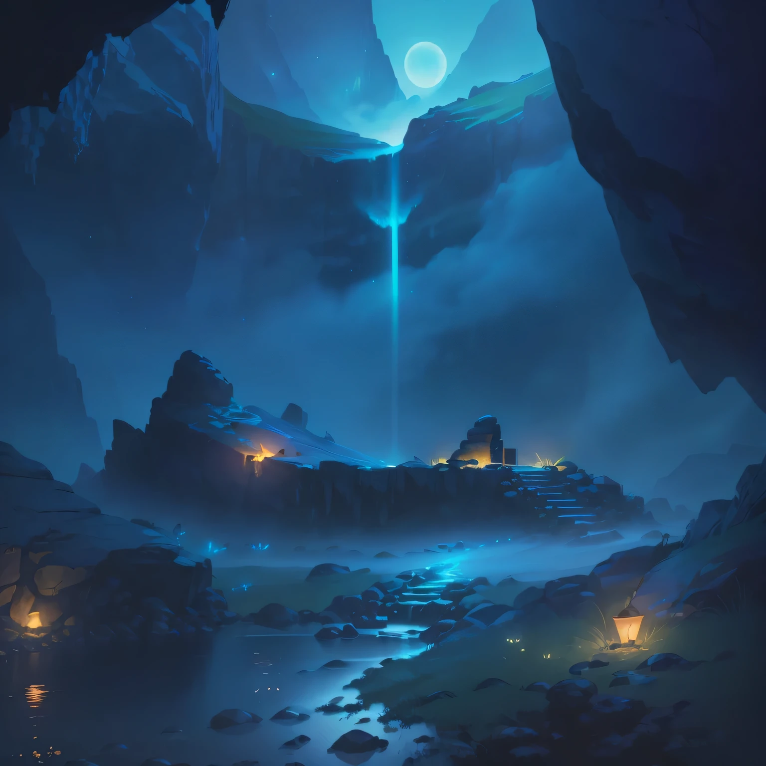 A mysterious night cave scene, the central stone platform is surrounded by flashing torches, glowing rocks and grass decorate the cave, a beam of moonlight pours down from above, casting moonlight on the ground, the stalagmite in the distance reaches deep, the blue moon shines on the stalagmite, the quiet blue moonlight, from above, the best quality, 8k, super detail, cool tones, Dramatic lighting.