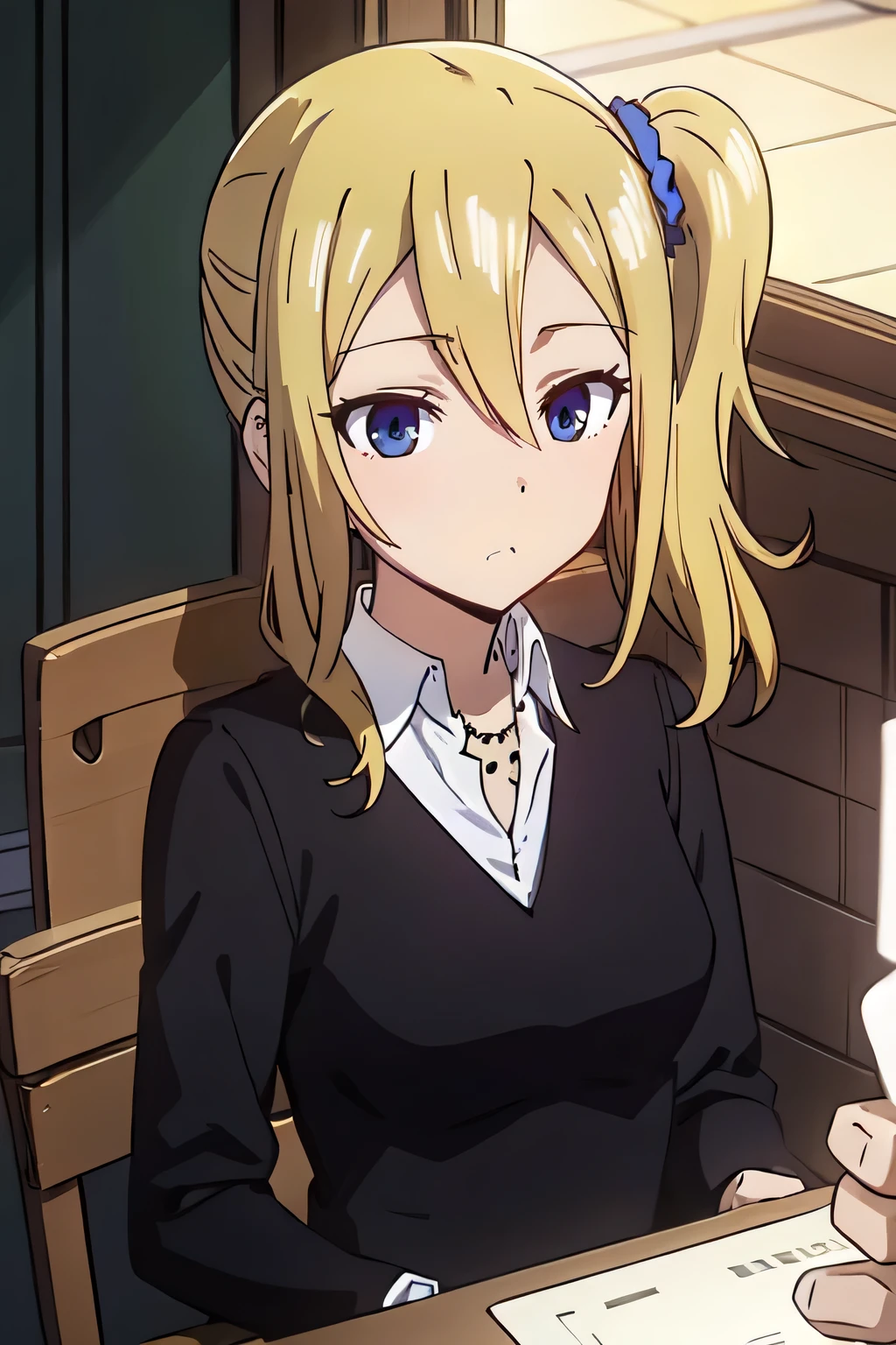 Hayasaka_LIW, blue scrunchie, hayasaka ai, blonde hair, blue eyes, hair scrunchie, side ponytail, scrunchie, 1girl, hair ornament, hair between eyes, shuuchiin academy , looking at viewer, , indoors, collared shirt, white shirt, upper body, closed mouth, necklace, bangs, solo focus, jewelry, sweater, expressionless, sidelocks, window, solo, long hair, cardigan, 1boy