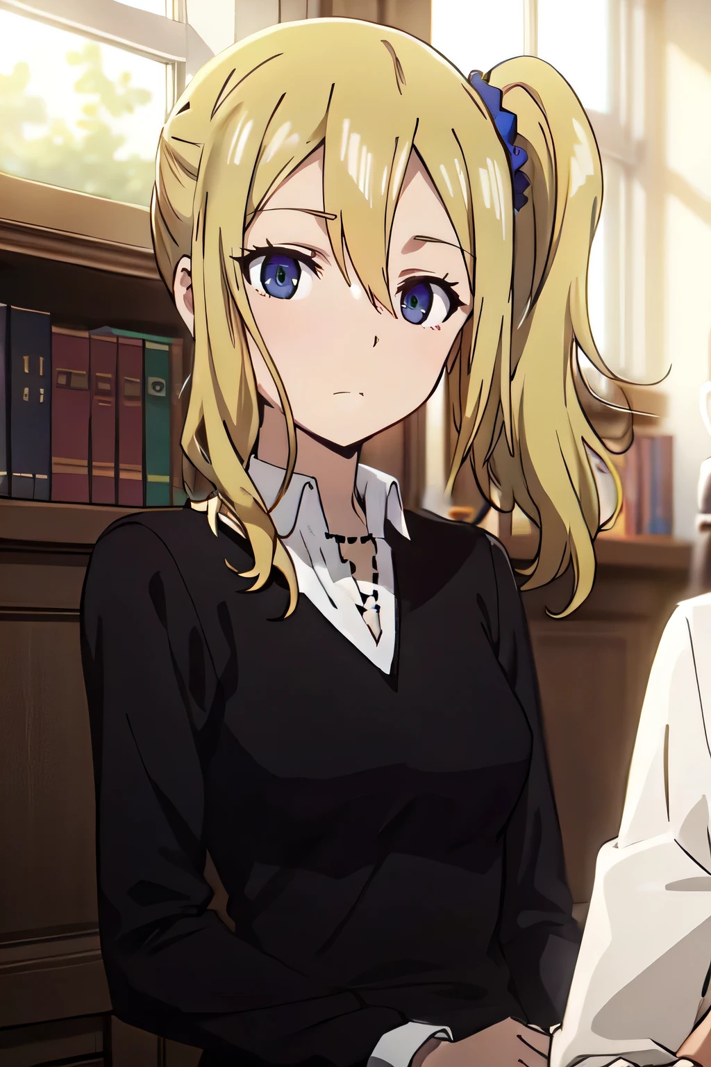 Hayasaka_LIW, blue scrunchie, hayasaka ai, blonde hair, blue eyes, hair scrunchie, side ponytail, scrunchie, 1girl, hair ornament, hair between eyes, shuuchiin academy , looking at viewer, , indoors, collared shirt, white shirt, upper body, closed mouth, necklace, bangs, solo focus, jewelry, sweater, expressionless, sidelocks, window, solo, long hair, cardigan, 1boy