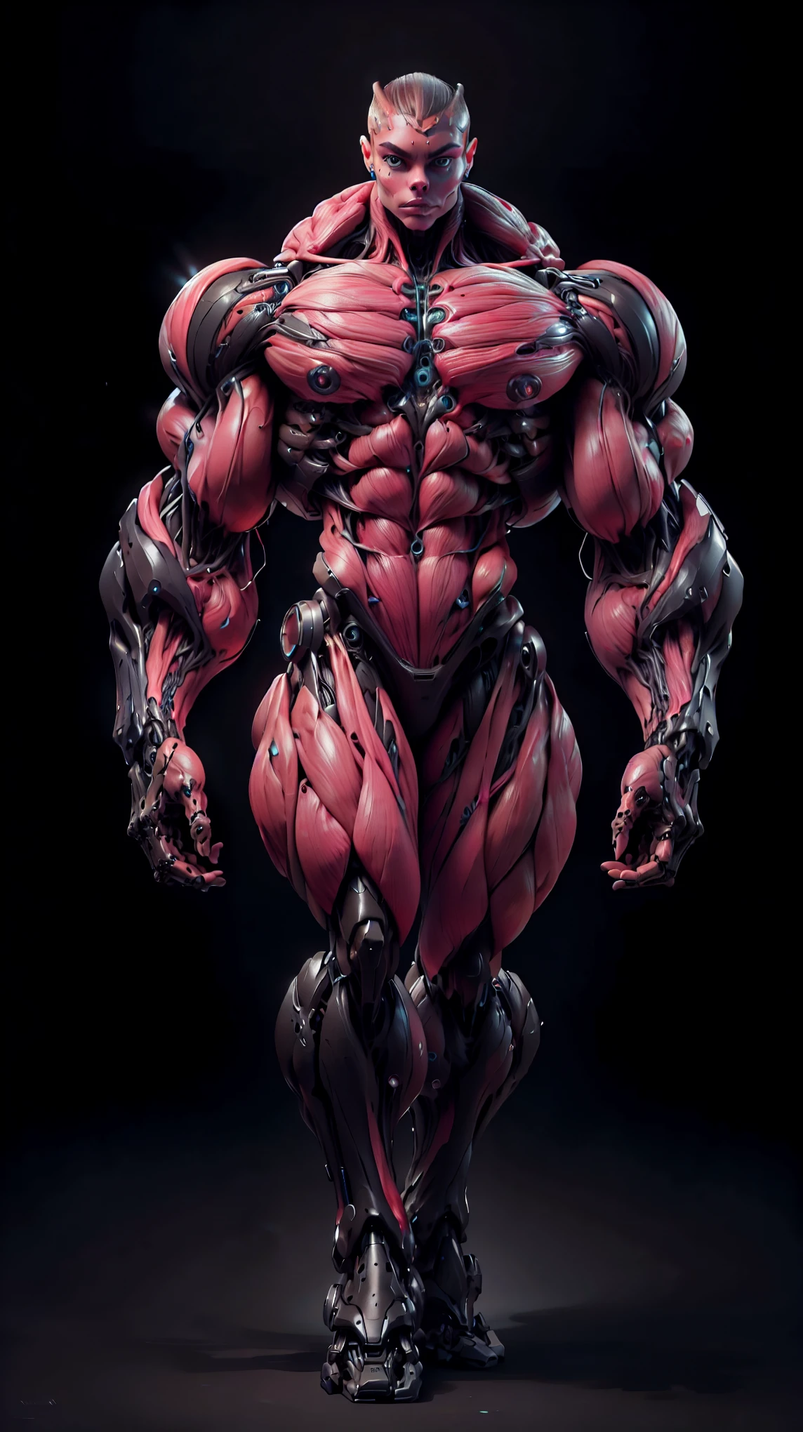 (1 girl), (cara delevingne), (muscular android girl wearing a black anatomic cybernetic muscle suit:1.25), (wide shoulders:1.25), (muscular defined physique:1.25), perfect hands, long hair, large breasts, high resolution image, extreme detail, blank background