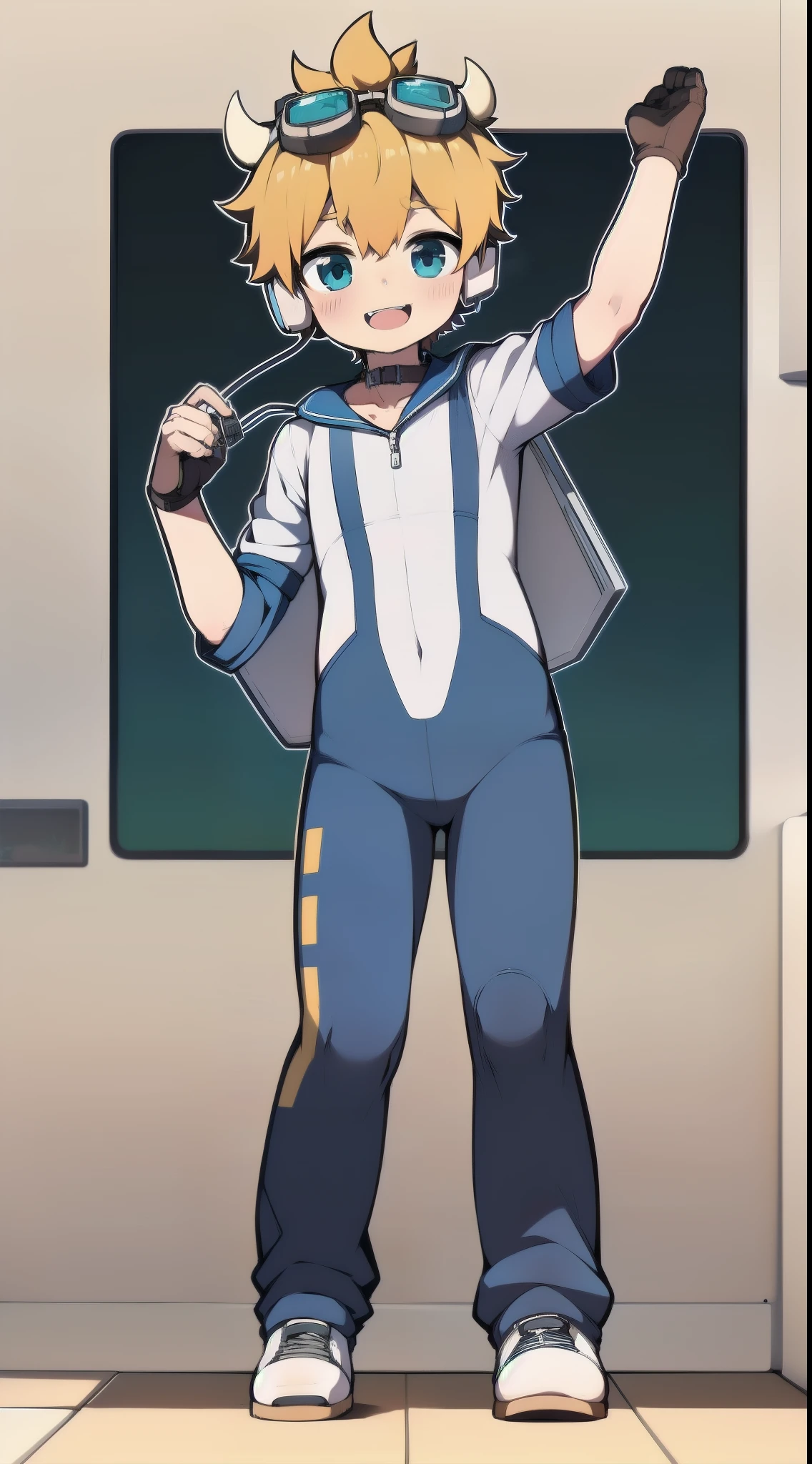 Second dimension boy，One-piece mountaineering suit，Horns，Cow ears，Put the headphones on your head，Stand up，Goggles，sports shoes，Slim，happy，Sailor collar