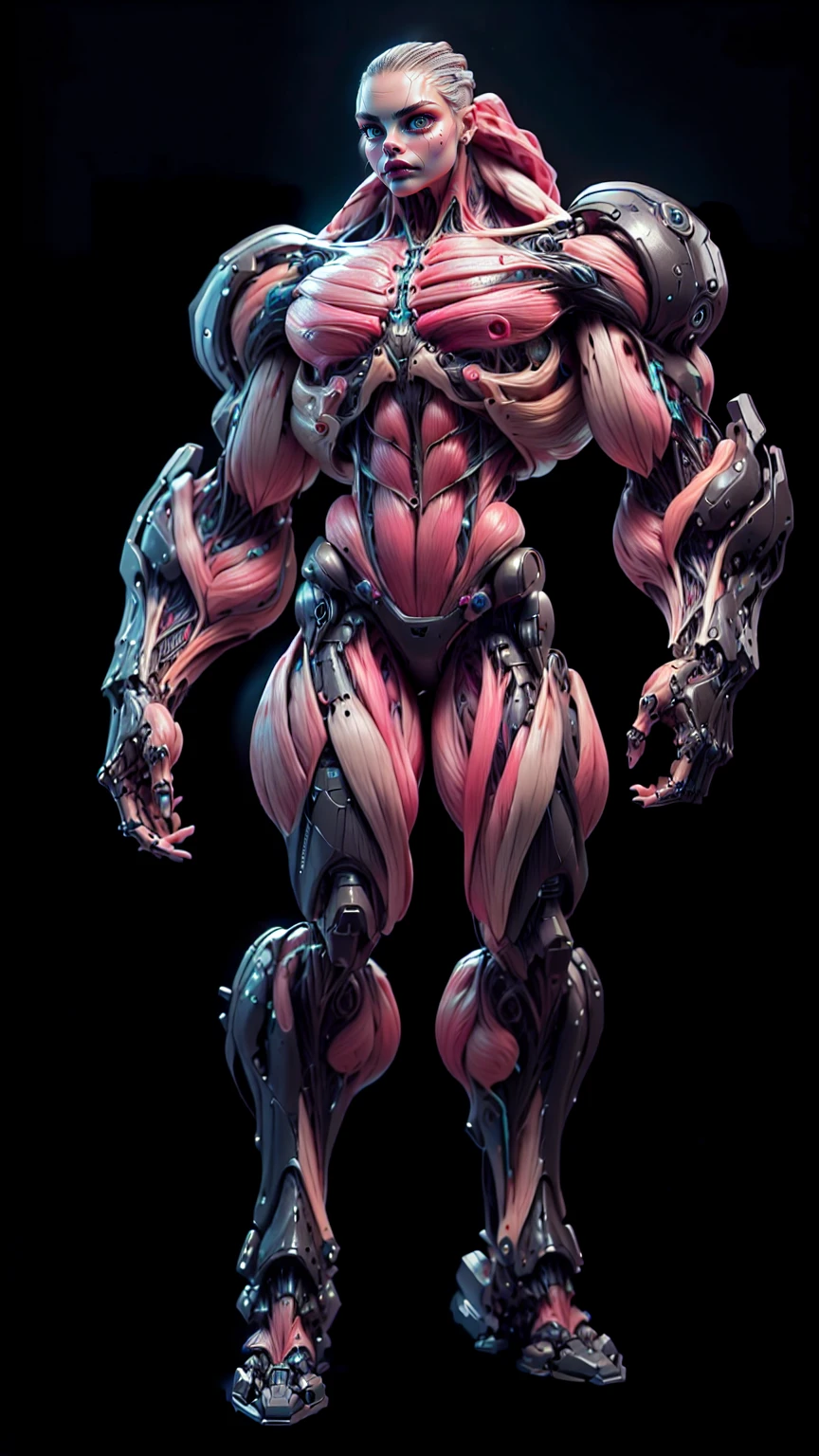 (1 girl), (cara delevingne), (muscular android girl wearing a black anatomic cybernetic muscle suit:1.25), (wide shoulders:1.25), (muscular defined physique:1.25), perfect hands, long hair, large breasts, high resolution image, extreme detail, blank background
