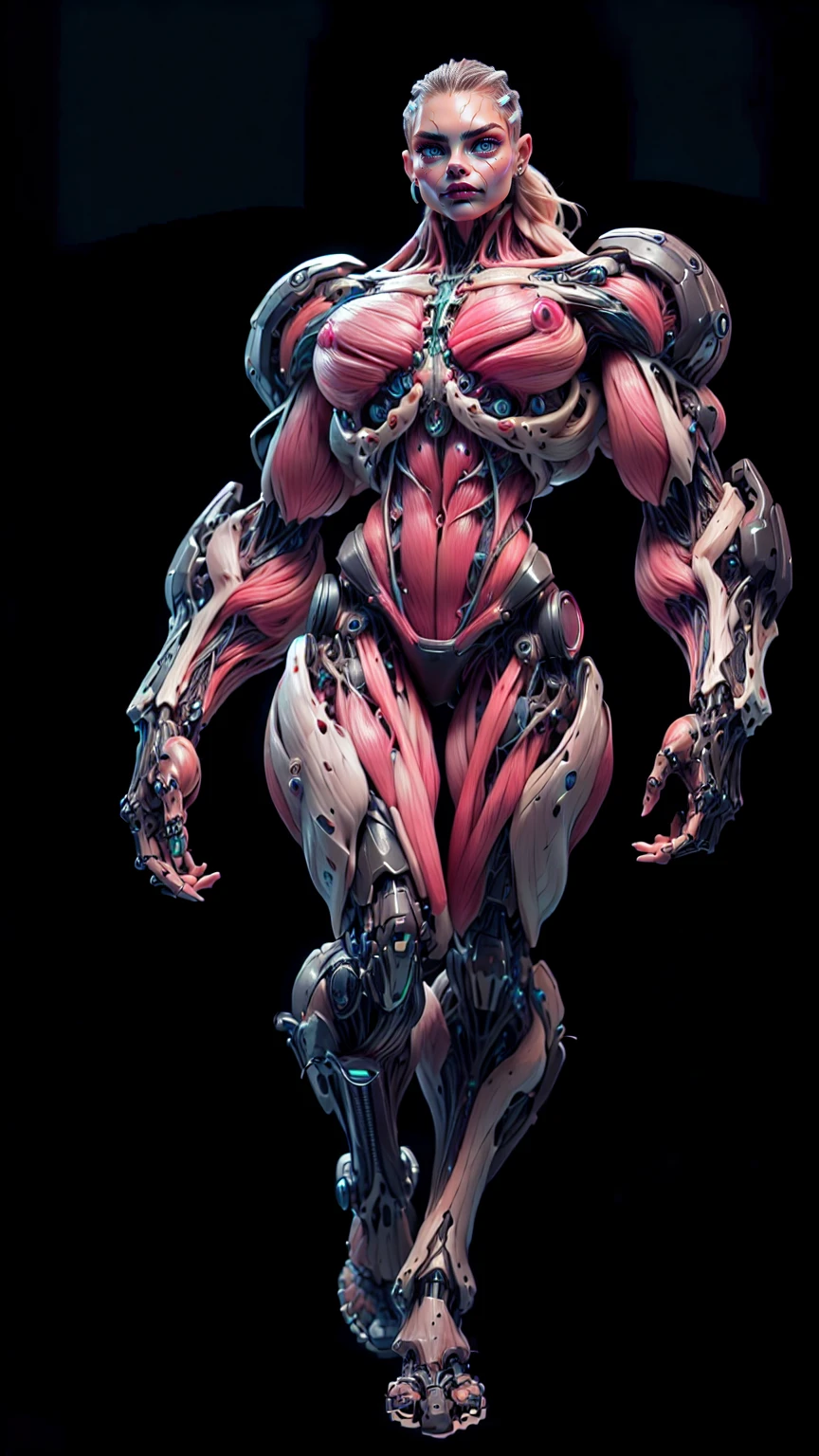 (1 girl), (cara delevingne), (muscular android girl wearing a black anatomic cybernetic muscle suit:1.25), (wide shoulders:1.25), (muscular defined physique:1.25), perfect hands, long hair, large breasts, high resolution image, extreme detail, blank background