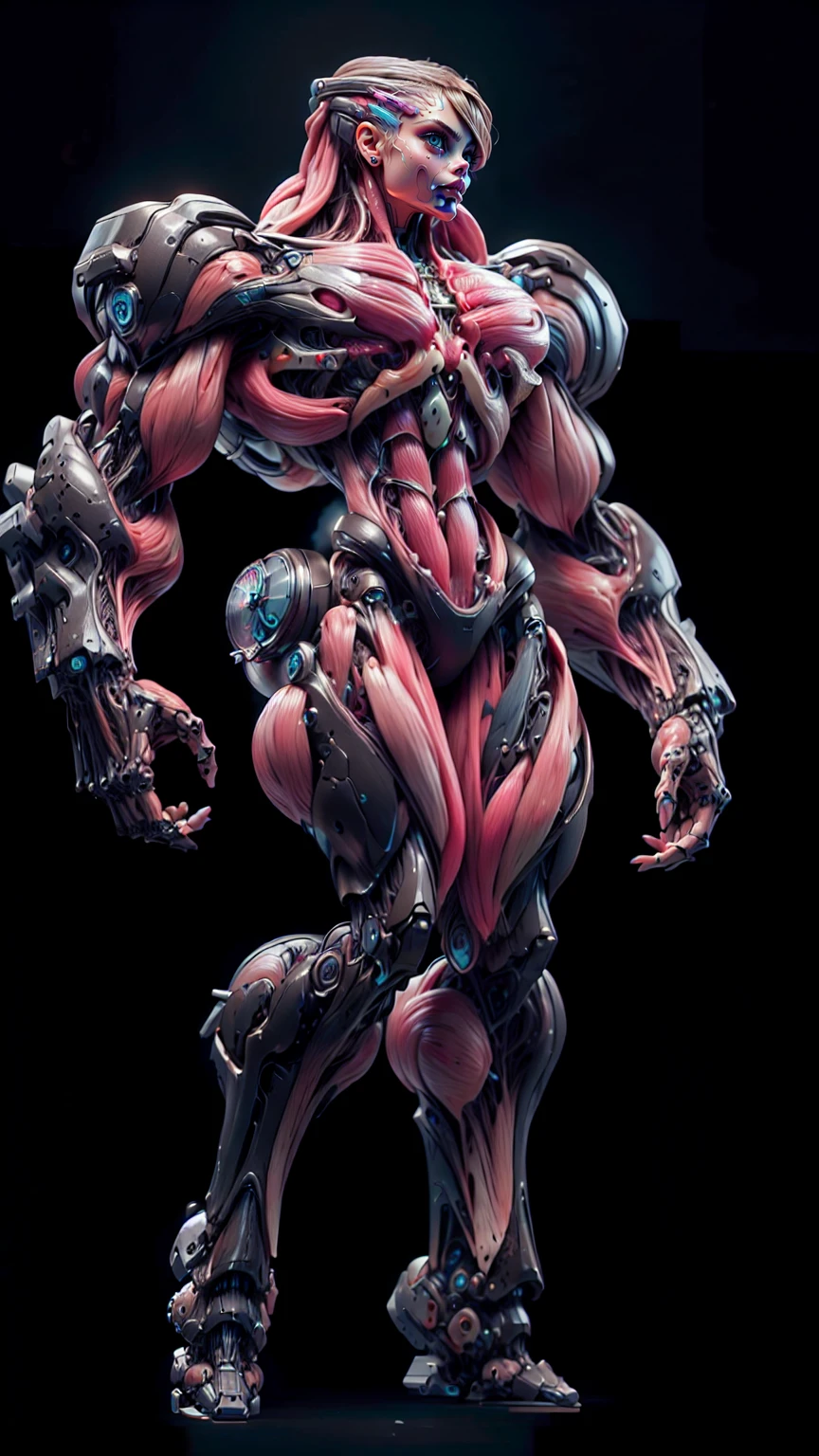 (1 girl), (cara delevingne), (muscular android girl wearing a black anatomic cybernetic muscle suit:1.25), (wide shoulders:1.25), (muscular defined physique:1.25), perfect hands, long hair, large breasts, high resolution image, extreme detail, blank background