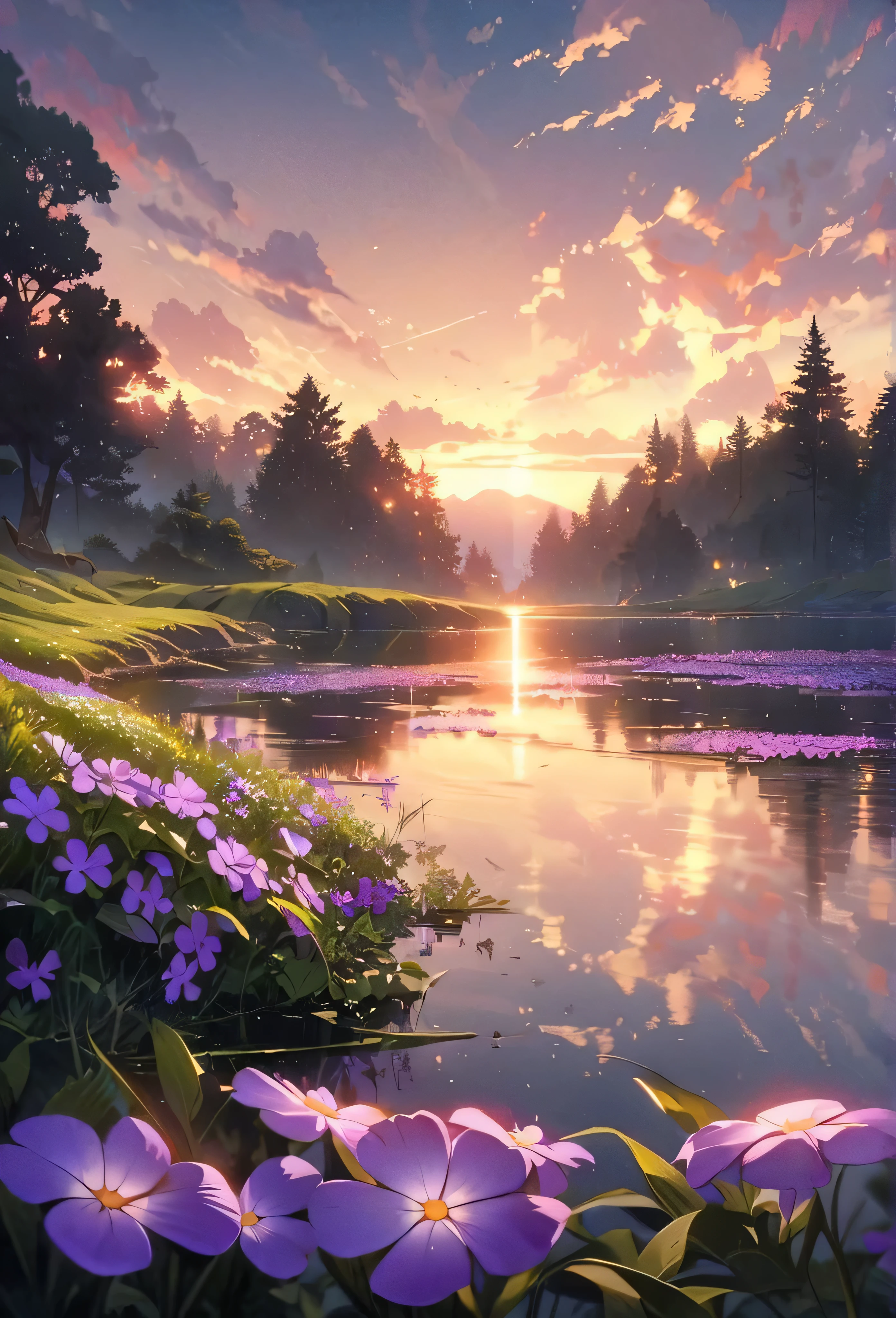 Calm spring night landscape, amongst lush greenery, beautiful view, creeping phlox in full bloom, creeping phlox, sunrise sky, beautiful clouds, dappled sunlight, outdoors, Tranquil Lake, Boat on a Lake, depth of field, masterpiece, best quality, ultra-detailed, very aesthetic, illustration, perfect composition, intricate details, absurdres, moody lighting, wisps of light divine ✨️, perfect lighting illustration illumination