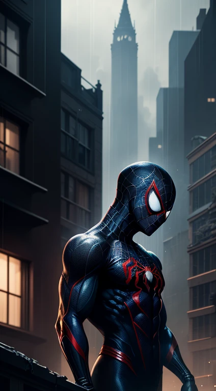 Spiderman in black suit, masculine figure, top of a building, dark ambient, cinematic, aggressive look, glowing eyes, wallpaper, hd wallpapers, detailed, hyper realistic, rainy afternoon, old building, looking at the viewer, mechanical suit