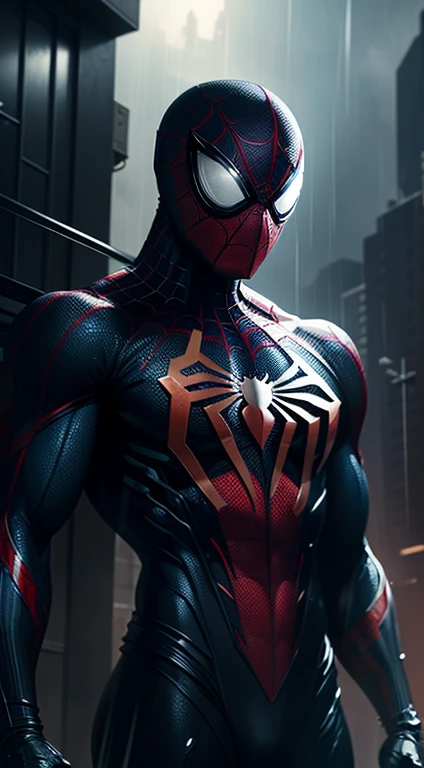 Spiderman in black suit, masculine figure, top of a building, dark ambient, cinematic, aggressive look, glowing eyes, wallpaper, hd wallpapers, detailed, hyper realistic, rainy afternoon, old building, looking at the viewer, mechanical suit