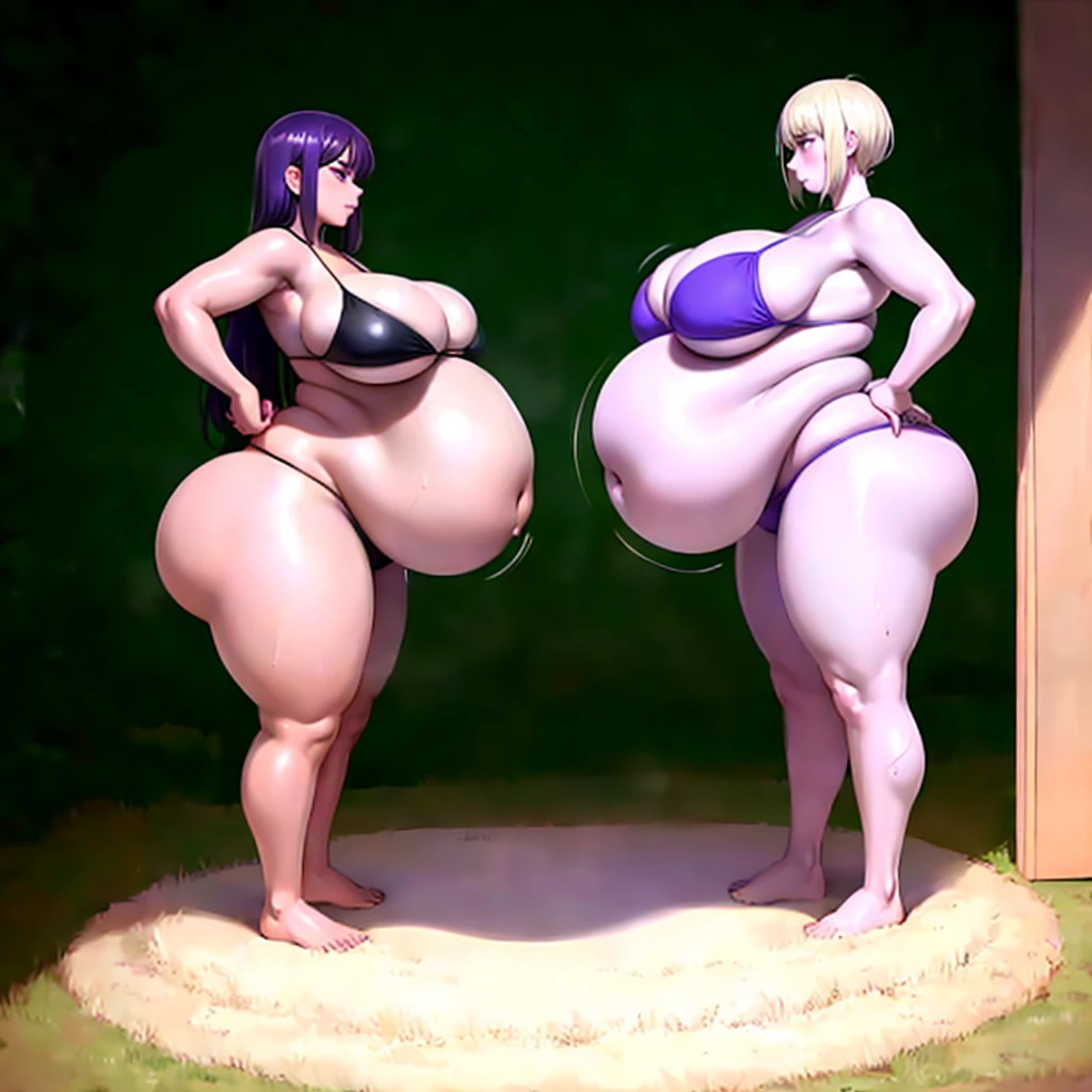 A young woman in a bikini, massive bloated overstuffed heavy protruding bulging obese round belly, hyper massive obese tall wide round heart shaped bubble butt, wide fat hips, massive fat round breasts, deep long cleavage, so full it hurts, gurgling belly, sloshing belly, distended belly, churning belly, it hurts being so full but it feel so good, squishy belly, bellies squished together, squished together, shes upset her friend isnt as fat as her, shes making her obese, wide stance, struggling to stand, deep navel, juicy fat ass,
