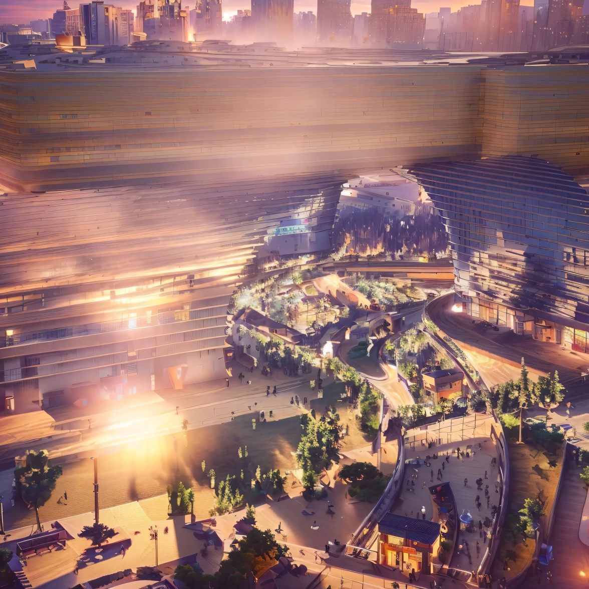 Alafid view of a city with many people walking around, Full of energy and vitality, Hangzhou, Full view, by Zha Shibiao, Wide-angle lens, Wide-angle lens, Seoul, golden hour in Beijing, Post-processing, Beijing, Awesome Award Winning, 2030, dynamic view, Wide-angle lens