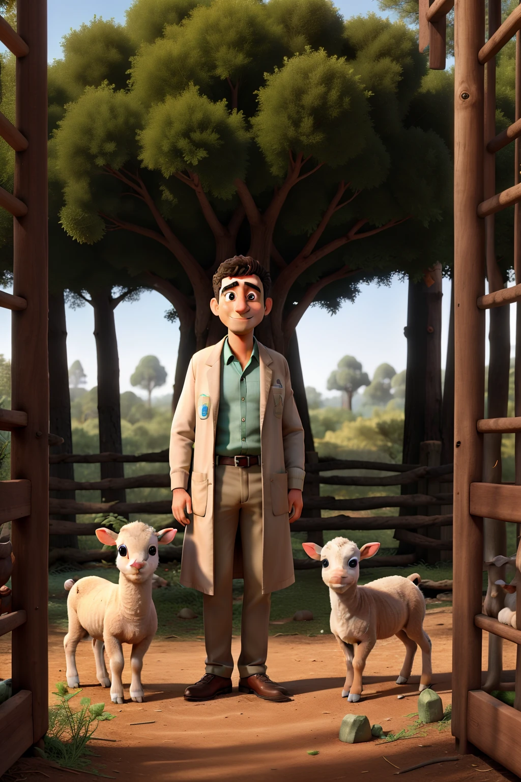 Arab scientist standing in forest with 2 lambs in 2 seperate cages