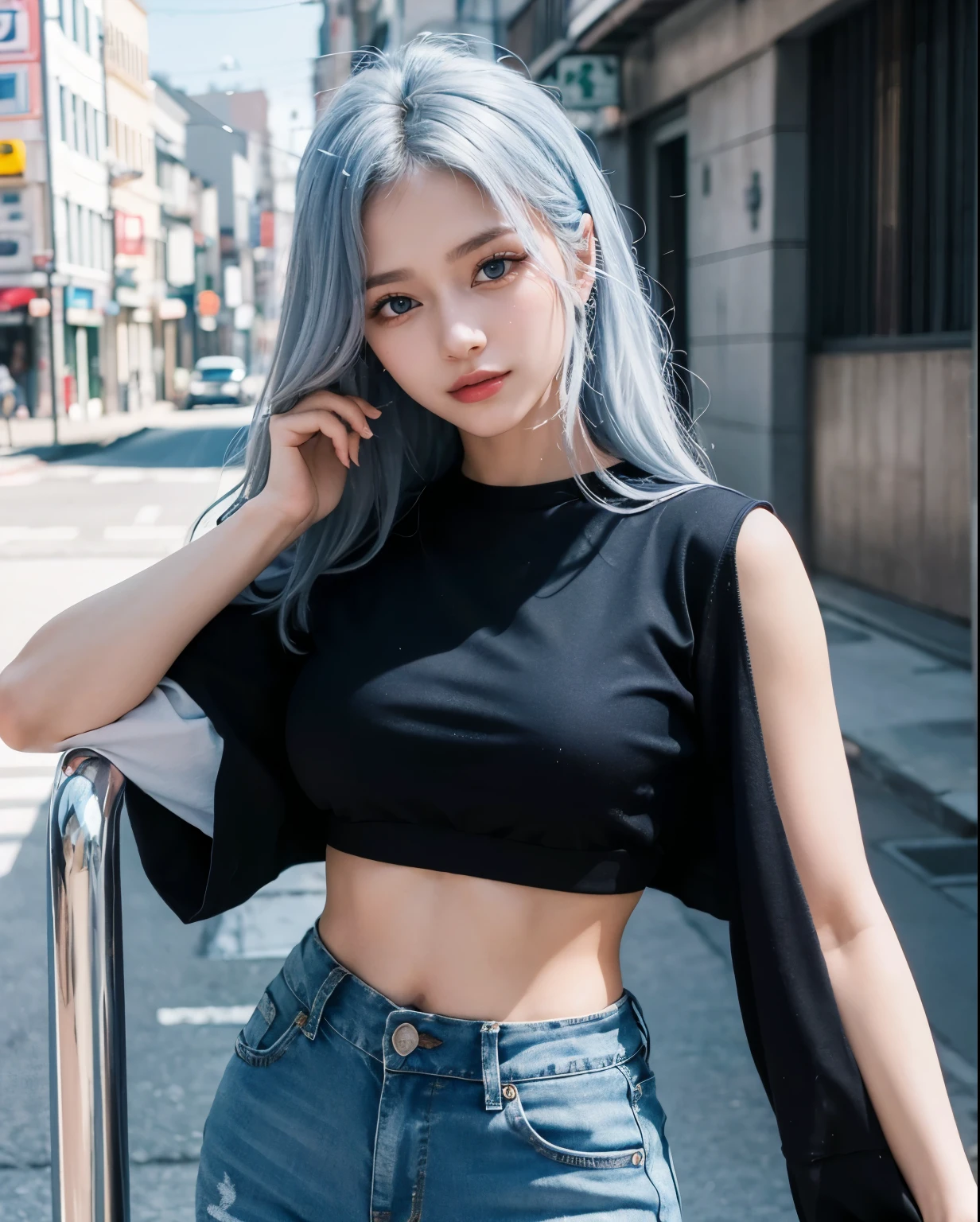 1 garota, (olhos azuis), sorridente, (Sana Minatozaki), quadris largos, grande , bunda grande, (melhor qualidade, 8k, obra de arte: 1.3), Foco claro: 1.2, Beleza corporal perfeita: 1.4, strong abdomen :1.2, Textura de rosto e pele altamente detalhada, olhos detalhados, Palpebras duplas, (cabelo azul longo), (camiseta preta justa de manga longa), (jeans), posando para uma foto, in a nevey Tokyo neighborhood, neve, Tempo frio