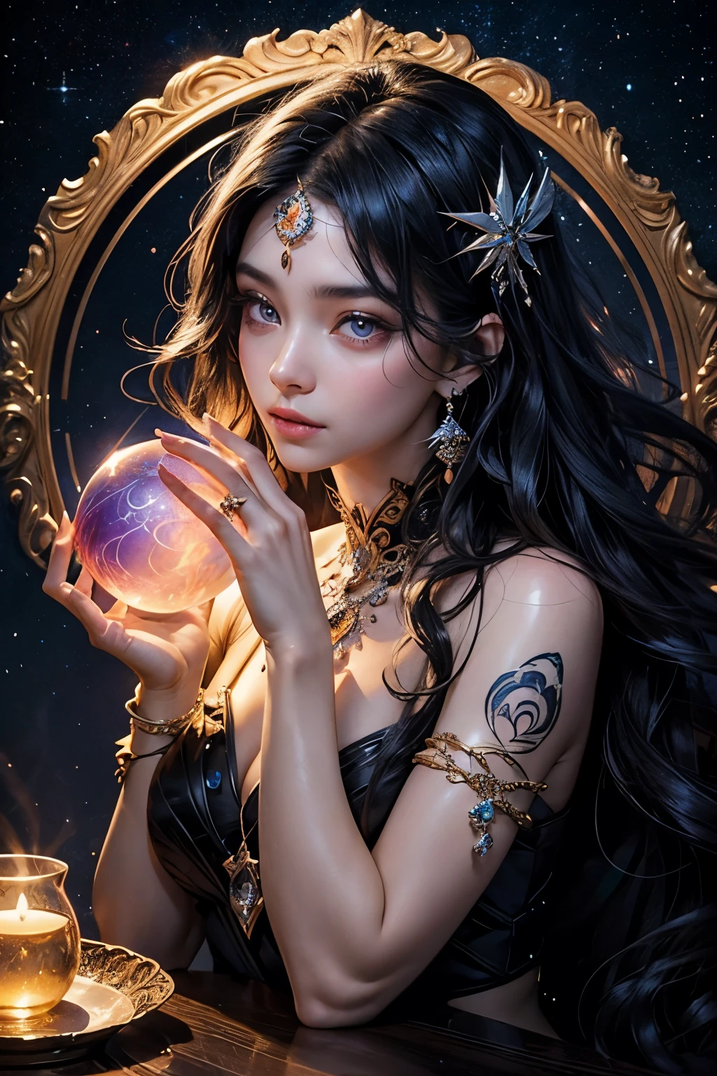 A serene female Astrologer, endowed with white skin and enchanting purple eyes that seemed to radiate tranquility, sat in quiet contemplation behind a crystal ball. The orb was set upon a wooden table, its surface marbled with swirling patterns that reflected her calm expression. The background was a canvas of the dark night sky, adorned with a myriad of twinkling stars that cast their ethereal light upon her face. In this close-up picture, her black hair cascaded in soft waves around her shoulders, framing her subtle features. The intricacies of her star-studded zodiac tattoos were visible on her arms, hinting at her profound knowledge of