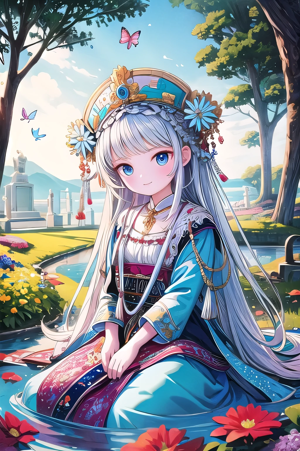 (masterpiece), (best quality), illustration, Super detailed, HDR, Depth of Field, (rich and colorful), ,,This is a masterpiece that exudes exceptional quality. The illustration is ultra-detailed, Using HDR technology to create a sense of depth. The theme is original, Beautifully, 和Beautifully艺术品, Vivid colors，Full of fantasy elements. Girl sitting on the seashore, surrounded by running water, The background is a dark blue world tree, Located in the cemetery. The tranquil and dreamy atmosphere gives the whole scene a soulful and charming temperament. Her pale complexion, Blue eyes sparkling, And silver hair dotted with flowers，It makes for a fascinating portrait. She is wearing ****ta style clothes, Poker face，Mouth tightly shut. Background ranges from white, transparent, Cycle Options, There are also translucent blue butterflies flying around，Adds vitality to the work.