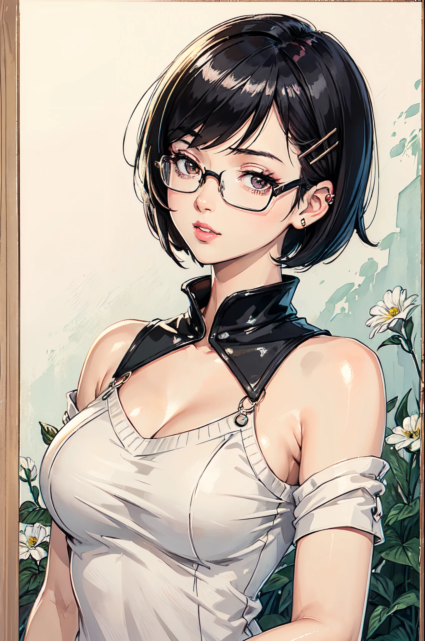 (masterpiece:1.2, best quality), (dinamic lighting) 1lady, solo, short hair, big breasts,  (shiny skin:1.2), upper body, glasses, modern, black bob cut hair,, flower on ear, harajuku style, hair pin,  , v neck sweater, scar on eye