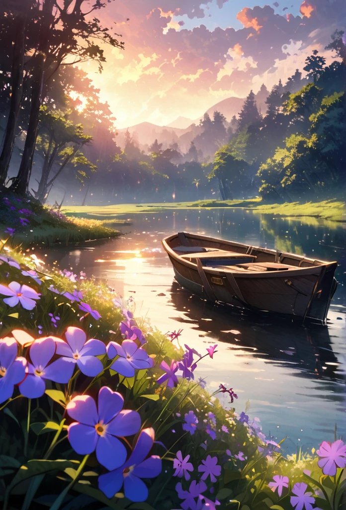 Calm spring night landscape, amongst lush greenery, beautiful view, creeping phlox in full bloom, creeping phlox, sunrise sky, beautiful clouds, dappled sunlight, outdoors, Tranquil Lake, Soraka sitting inside Boat on a Lake, depth of field, masterpiece, best quality, ultra-detailed, very aesthetic, illustration, perfect composition, intricate details, absurdres, moody lighting, wisps of light divine ✨️, perfect lighting illustration illumination