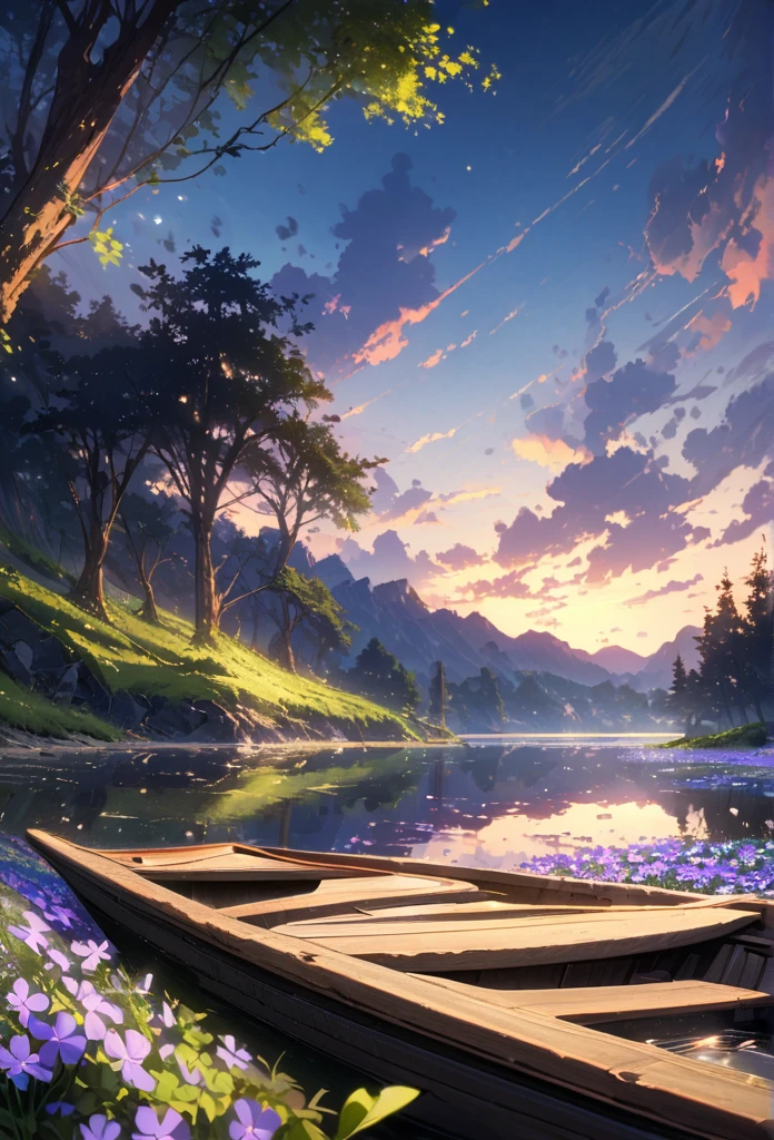 Calm spring night landscape, amongst lush greenery, beautiful view, creeping phlox in full bloom, creeping phlox, sunrise sky, beautiful clouds, dappled sunlight, outdoors, Tranquil Lake, Soraka sitting inside Boat on a Lake, depth of field, masterpiece, best quality, ultra-detailed, very aesthetic, illustration, perfect composition, intricate details, absurdres, moody lighting, wisps of light divine ✨️, perfect lighting illustration illumination