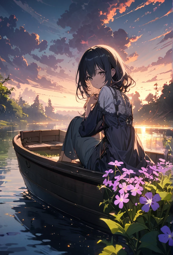 Calm spring night landscape, amongst lush greenery, beautiful view, creeping phlox in full bloom, creeping phlox, sunrise sky, beautiful clouds, dappled sunlight, outdoors, Tranquil Lake, Soraka sitting inside Boat on a Lake, depth of field, masterpiece, best quality, ultra-detailed, very aesthetic, illustration, perfect composition, intricate details, absurdres, moody lighting, wisps of light divine ✨️, perfect lighting illustration illumination