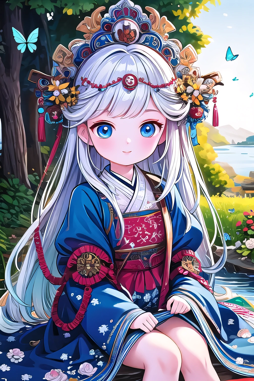 (masterpiece), (best quality), illustration, Super detailed, HDR, Depth of Field, (rich and colorful), ,,This is a masterpiece that exudes exceptional quality. The illustration is ultra-detailed, Using HDR technology to create a sense of depth. The theme is original, Beautifully, 和Beautifully艺术品, Vivid colors，Full of fantasy elements. Girl sitting on the seashore, surrounded by running water, The background is a dark blue world tree, Located in the cemetery. The tranquil and dreamy atmosphere gives the whole scene a soulful and charming temperament. Her pale complexion, Blue eyes sparkling, And silver hair dotted with flowers，It makes for a fascinating portrait. She is wearing ****ta style clothes, Poker face，Mouth tightly shut. Background ranges from white, transparent, Cycle Options, There are also translucent blue butterflies flying around，Adds vitality to the work.