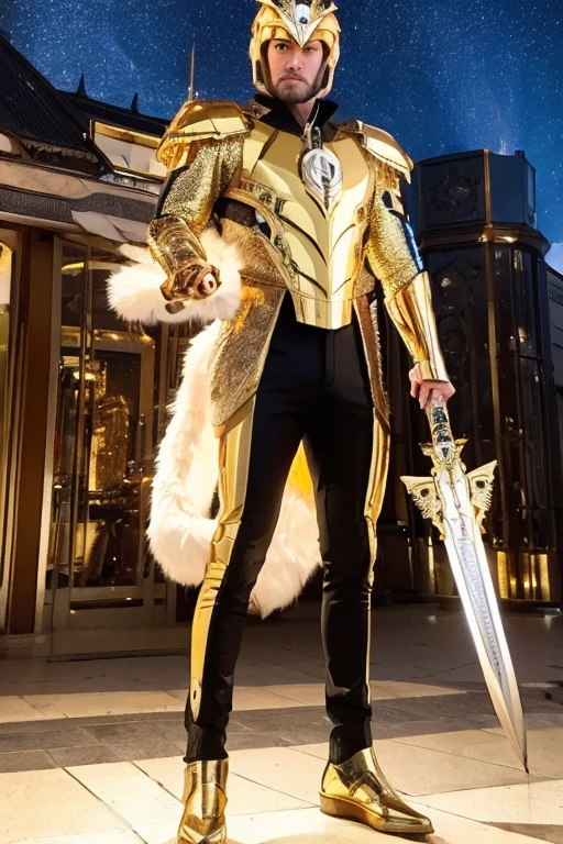 A man wearing full-body golden armor and a golden cyber helmet modeled after a wolf is holding a sword in the middle of a city with the aurora shining on the night