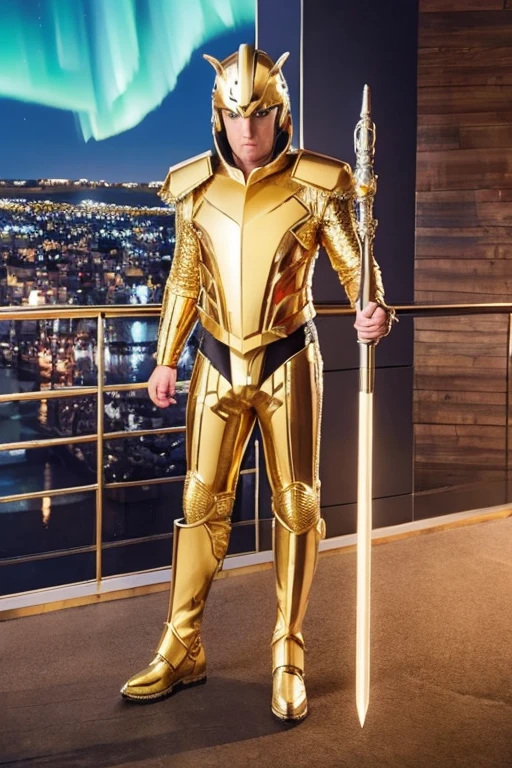 A man wearing full-body golden armor and a golden cyber helmet modeled after a wolf is holding a sword in the middle of a city with the aurora shining on the night