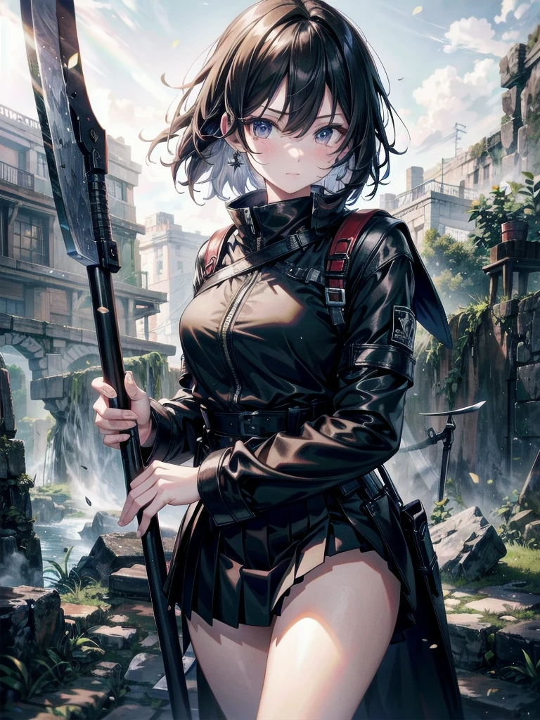whole body, big scythe, huge weapon, Death Scythe, Ruins, tech boots, black jacket, samurai, school_uniform, absurdres, RAW photo, extremely delicate and beautiful, masterpiece, Best Quality, ultra high resolution, 32k, hyperrealistic, ultra-detailed, detailed description, pale skin, 20 years old, detailed beautiful face and eyes, tearful mole, earring, Colossal tits, short medium hair, wavy hair,