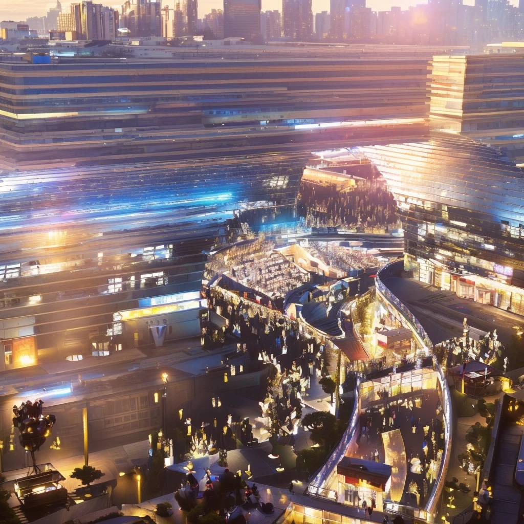 Alafid view of a city with many people walking around, Full of energy and vitality, Hangzhou, Full view, by Zha Shibiao, Wide-angle lens, Wide-angle lens, Seoul, golden hour in Beijing, Post-processing, Beijing, Awesome Award Winning, 2030, dynamic view, Wide-angle lens