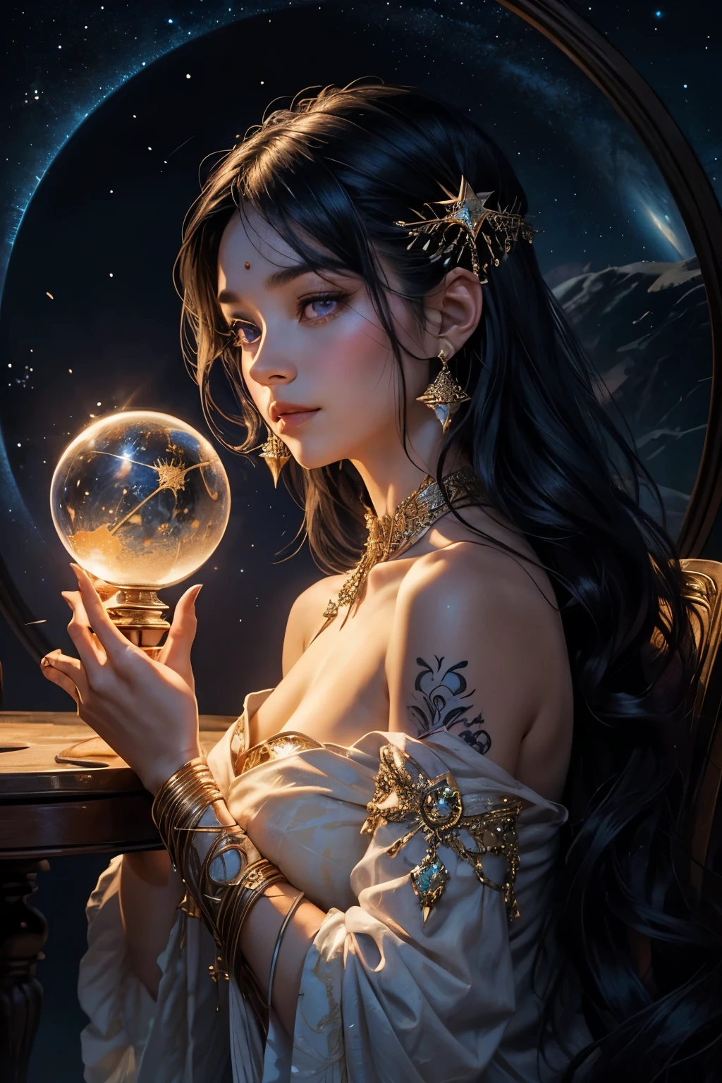 A serene female Astrologer, endowed with white skin and enchanting purple eyes that seemed to radiate tranquility, sat in quiet contemplation behind a crystal ball. The orb was set upon a wooden table, its surface marbled with swirling patterns that reflected her calm expression. The background was a canvas of the dark night sky, adorned with a myriad of twinkling stars that cast their ethereal light upon her face. In this close-up picture, her black hair cascaded in soft waves around her shoulders, framing her subtle features. The intricacies of her star-studded zodiac tattoos were visible on her arms, hinting at her profound knowledge of
