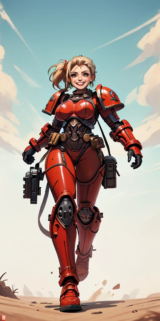(masterpiece, best quality, 4k, 1girlsolo, 1MILF, mmplatz, smile, red cheeks, plain background:1.2), perfect face, perfect lighting, mature whsororitas with gloves red gauntlets in her hands like Cammy White from Street Fighter, bob white hair, warhammer 40k power armor suit, red eyes like rubies, full body armor, view from below, looking to the viewer, holding with bith hands a heavy machine gun 🔫 shooting bullets to the viewer