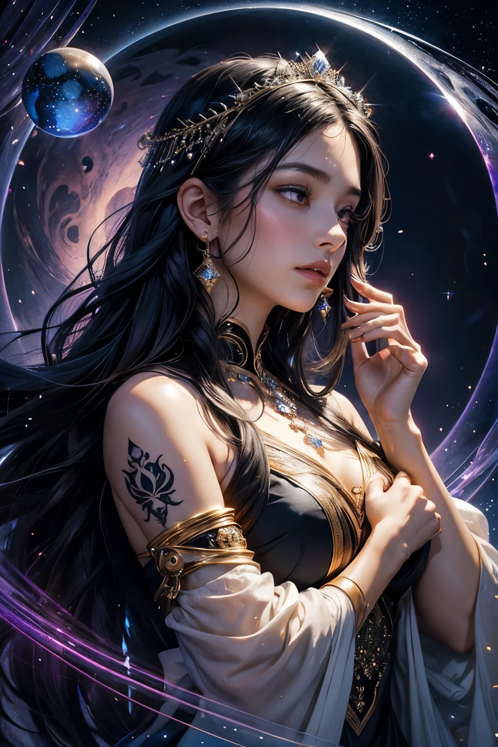 ((best quality)), ((masterpiece)), (detailed), Craft a hyper-realistic portrait of a captivating Pakistani woman in her mid-20s with fair complexion, radiating an otherworldly presence. Drape her in a flowing nebula gown, its fabric swirling with vibrant hues of purple and gold that echo the cosmos. Instead of a backdrop, paint a swirling vortex of stardust and nebulae, adorned with distant galaxies and shimmering nebulae. Capture the woman's gaze fixed on a point beyond the frame, hinting at a connection to the cosmos. Maintain the hyper-realistic style with an amazing depth of field, focusing on her face and the intricate details of the nebula gown. Let subtle wisps of stardust dance around her, further emphasizing the cosmic theme. Incorporate traditional Pakistani elements like delicate jewelry or intricate mendhi designs on her hands, subtly woven into the cosmic gown for a unique blend of cultures.