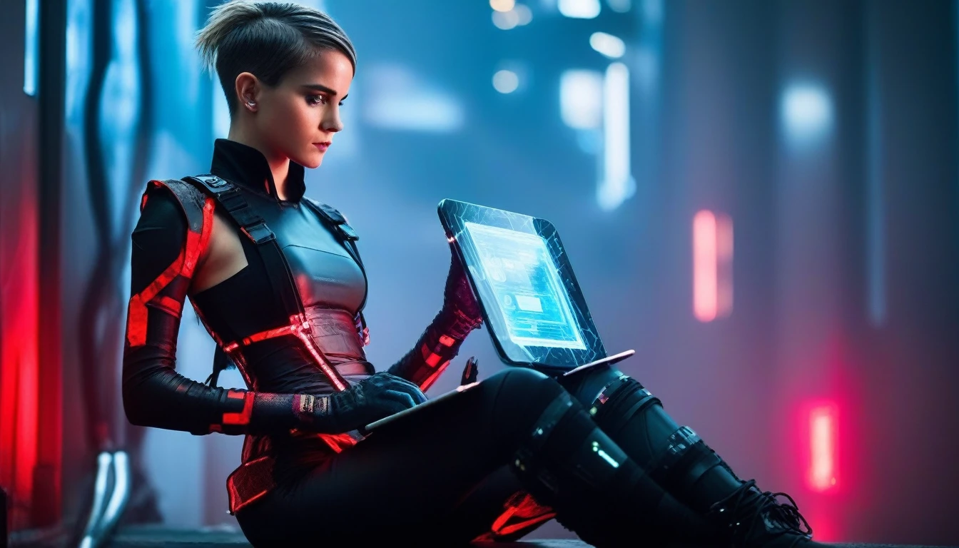 A young female hacker sitting in a cyberpunk hackerspace with large windows in a cyberpunk metropolis facing the viewer, right arm resting on her waist, left arm held forward holding a transparent smart tablet, short silverwhite undercut haircut, immaculate skin, thoughtful look on her face, sweat on her skin, full lips, small breasts, legs crossed, fullbody black and red skintight cyberpunk underarmor with intricate hexagon pattern, synthetic utility vest with attached wearable computer, black leather utility belt with multimeter and some probes attached, thigh high black latex boots, cutoff gloves, no makeup, natural fingernails, emma watson, edgFut_clothing, neons, electric circuits