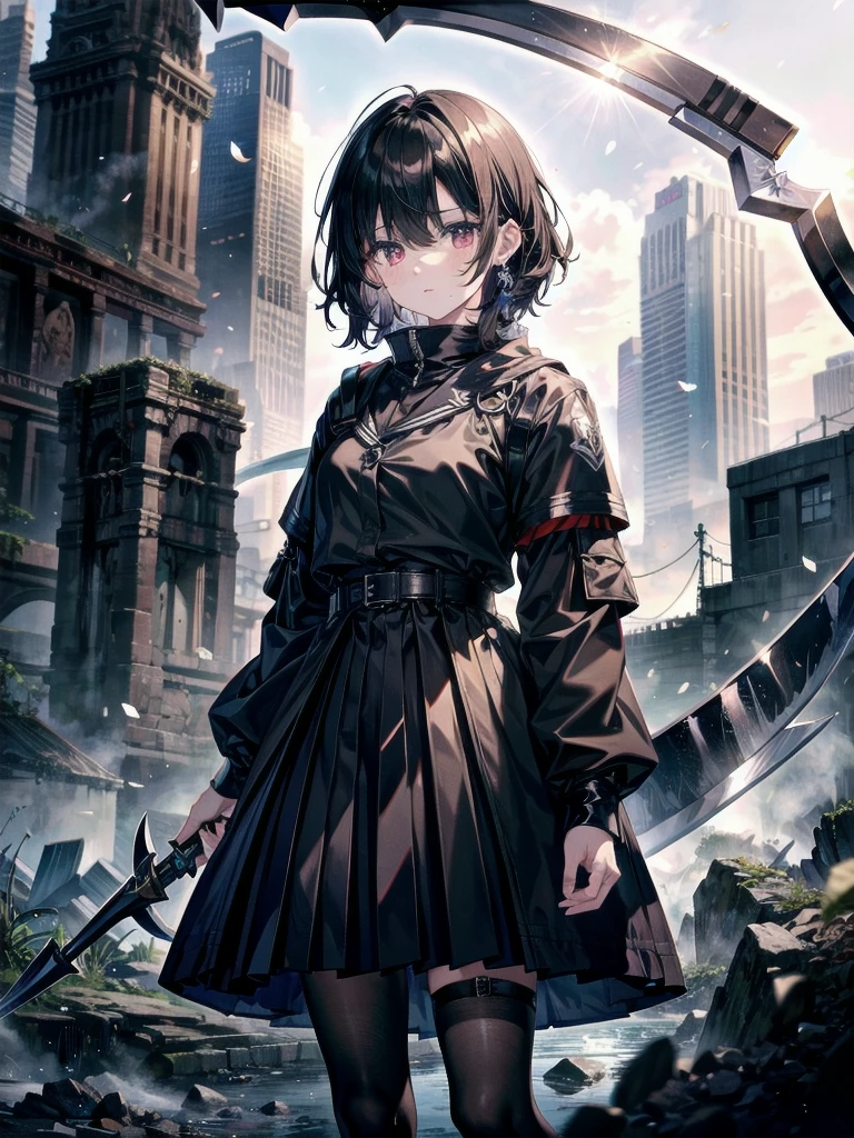 whole body, ((big scythe, huge weapon, Death Scythe)), Ruins, tech boots, black jacket, samurai, school_uniform, absurdres, RAW photo, extremely delicate and beautiful, masterpiece, Best Quality, ultra high resolution, 32k, hyperrealistic, ultra-detailed, detailed description, pale skin, 20 years old, detailed beautiful face and eyes, tearful mole, earring, Colossal tits, short medium hair, wavy hair,