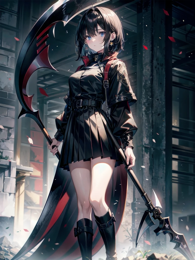 whole body, ((big scythe, huge weapon, Death Scythe)), Ruins, tech boots, black jacket, samurai, school_uniform, absurdres, RAW photo, extremely delicate and beautiful, masterpiece, Best Quality, ultra high resolution, 32k, hyperrealistic, ultra-detailed, detailed description, pale skin, 20 years old, detailed beautiful face and eyes, tearful mole, earring, Colossal tits, short medium hair, wavy hair,
