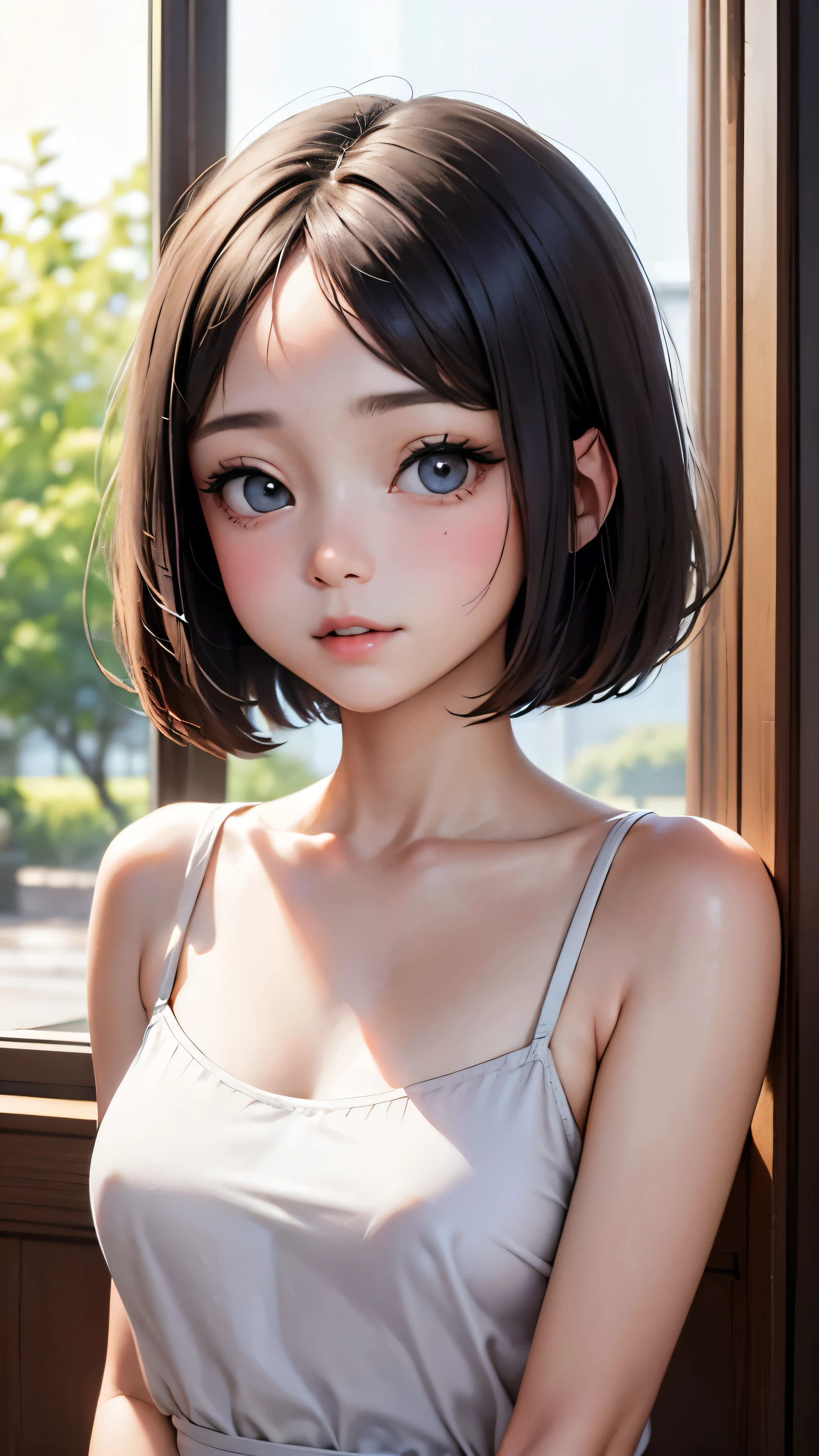 short hairと白のシャツ, short hair, Short hair with bangs, Woman with pretty face, Cute little face in a portrait, French Bob, White skin!!, Short brown hair and big eyes, Soft Portrait Shot 8k, Beautiful light、Big eyes, Beautiful woman, Young girl with bob cut, Full Shot,Best image quality, Tabletop, Leonardo da Vinci's Notebooks Da Vinci, Leonardo da Vinci's manuscript in the background,Swimwear,show off your thin legs,