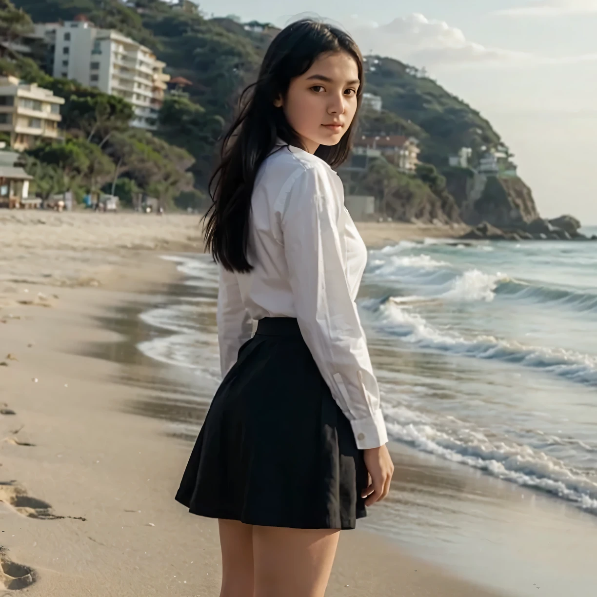 16 years old short girl, tucked shirt, long skirt, long sleeves, black hair, in a beach